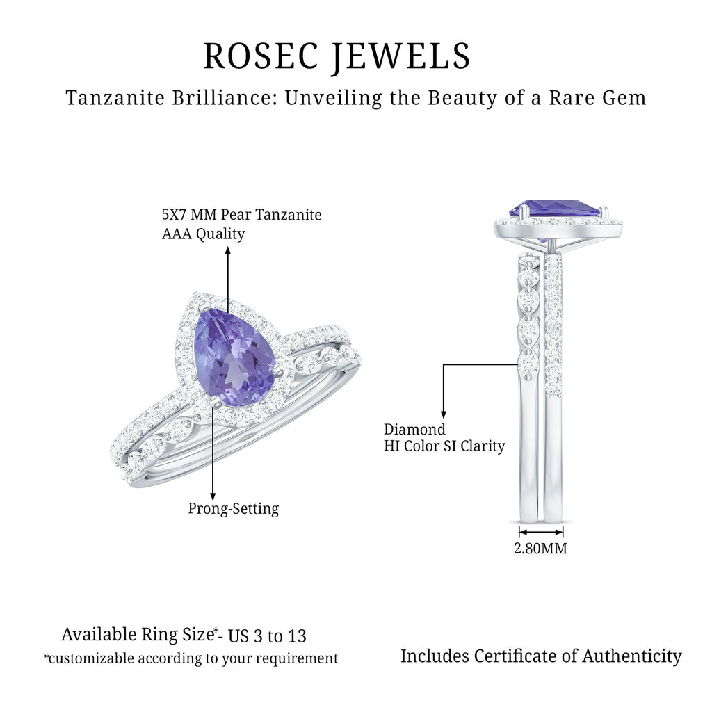Natural Pear Shape Tanzanite Diamond Wedding Engagement Ring Set of 2