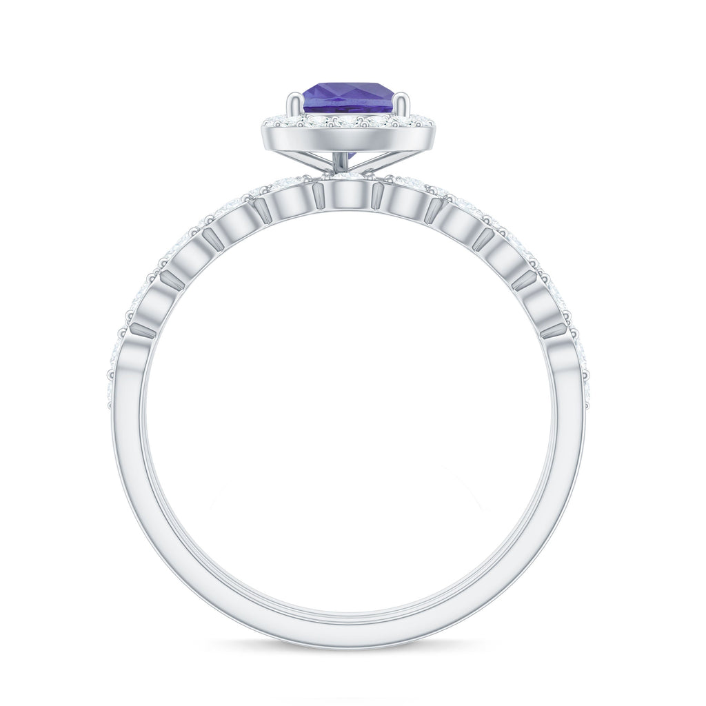 Natural Pear Shape Tanzanite Diamond Wedding Engagement Ring Set of 2