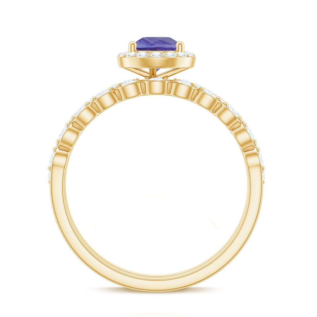 Natural Pear Shape Tanzanite Diamond Wedding Engagement Ring Set of 2