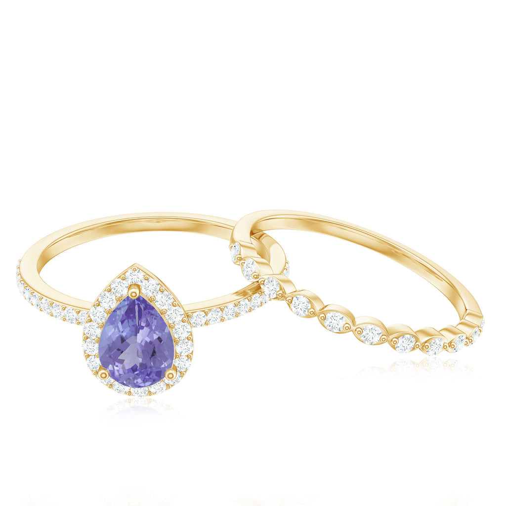 Natural Pear Shape Tanzanite Diamond Wedding Engagement Ring Set of 2