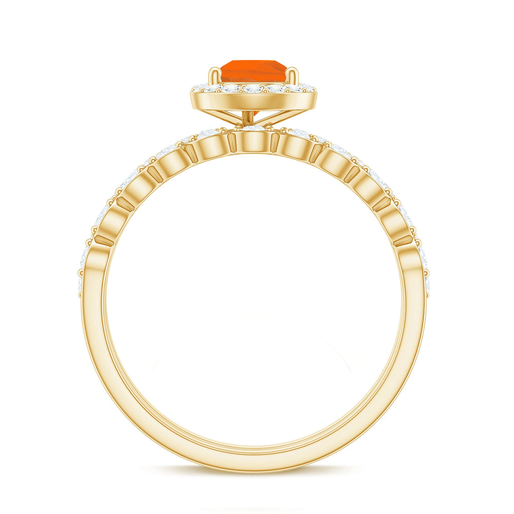 Teardrop Fire Opal Bridal Ring Set with Diamond