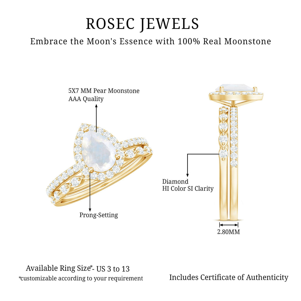 Teardrop Moonstone Bridal Ring Set with Diamond