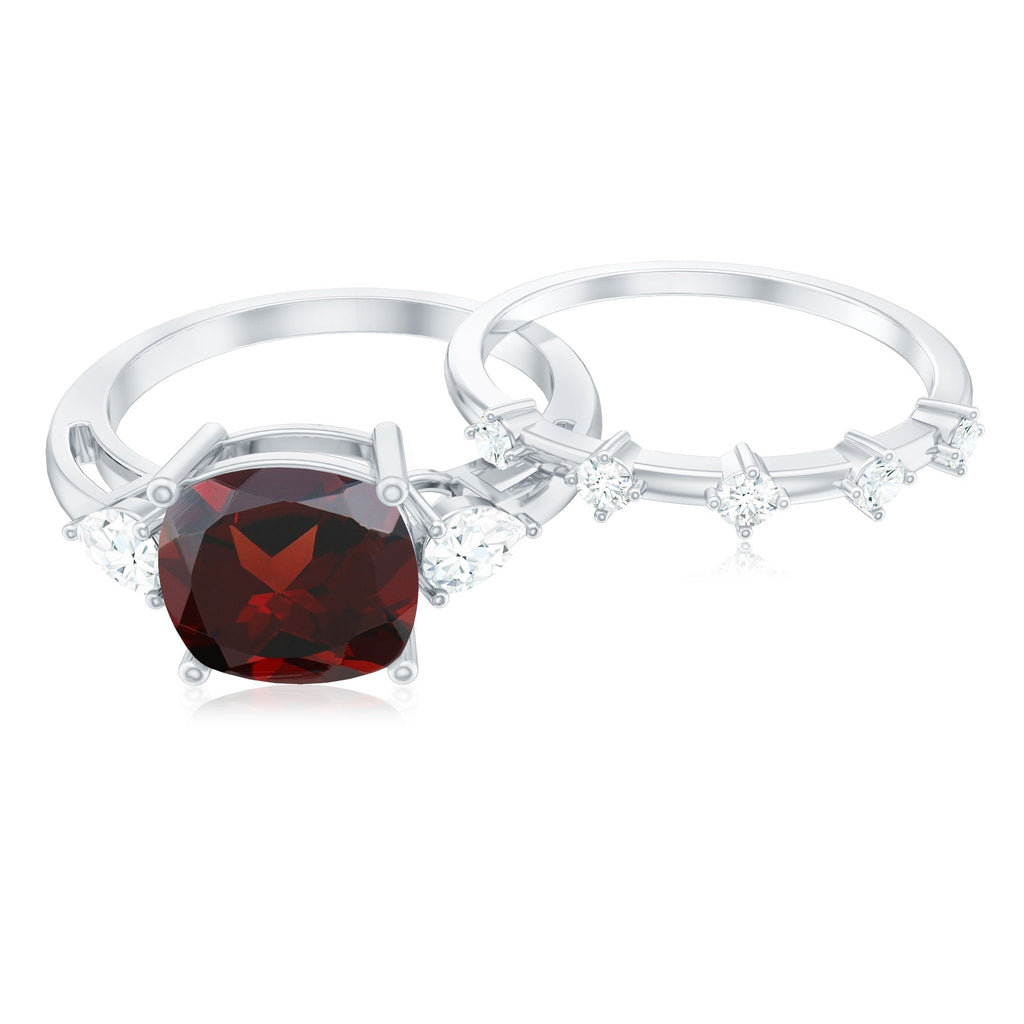 Natural 8 mm Cushion Cut Garnet Diamond Wedding Bridal Ring Set