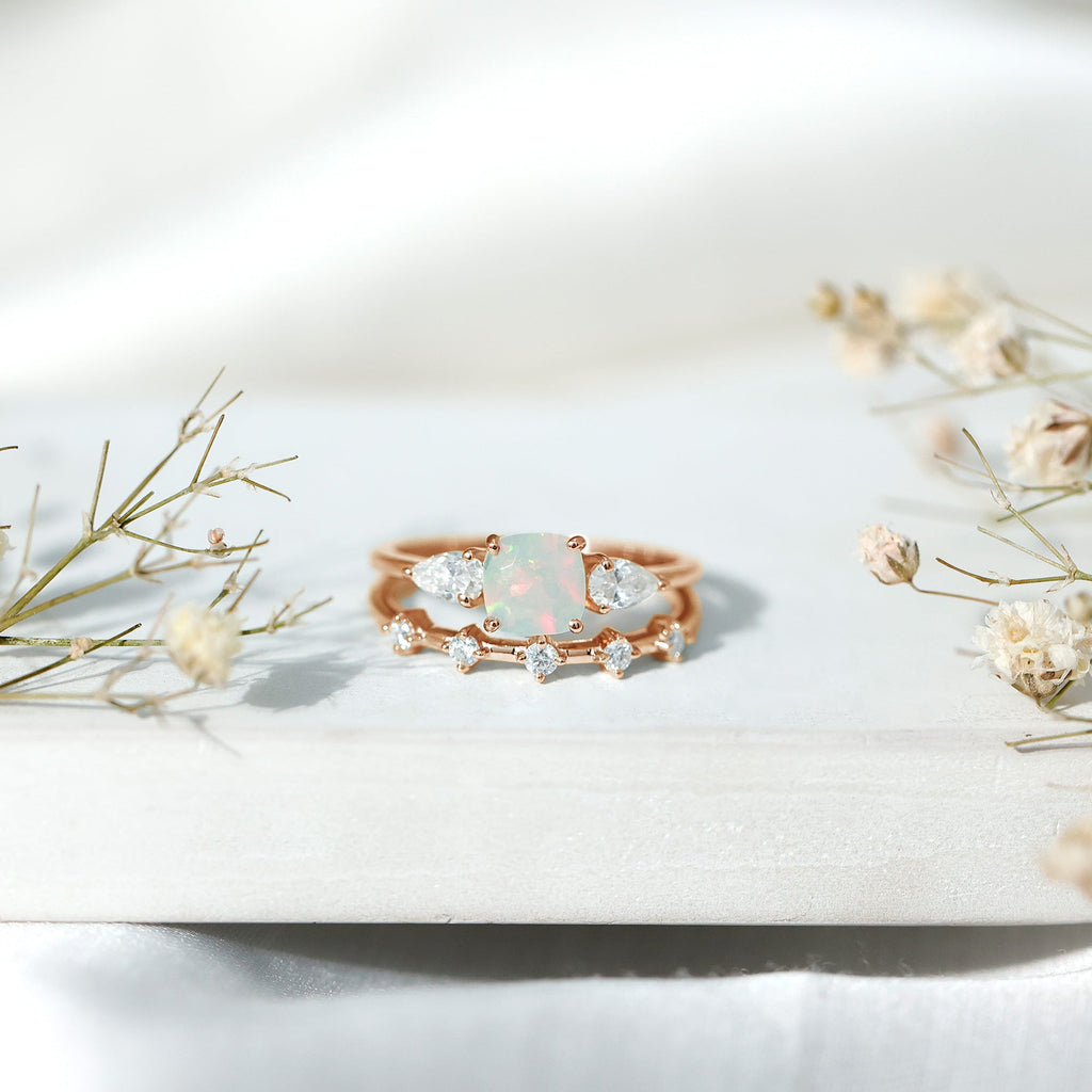 Cushion Cut Ethiopian Opal Wedding Ring Set with Moissanite