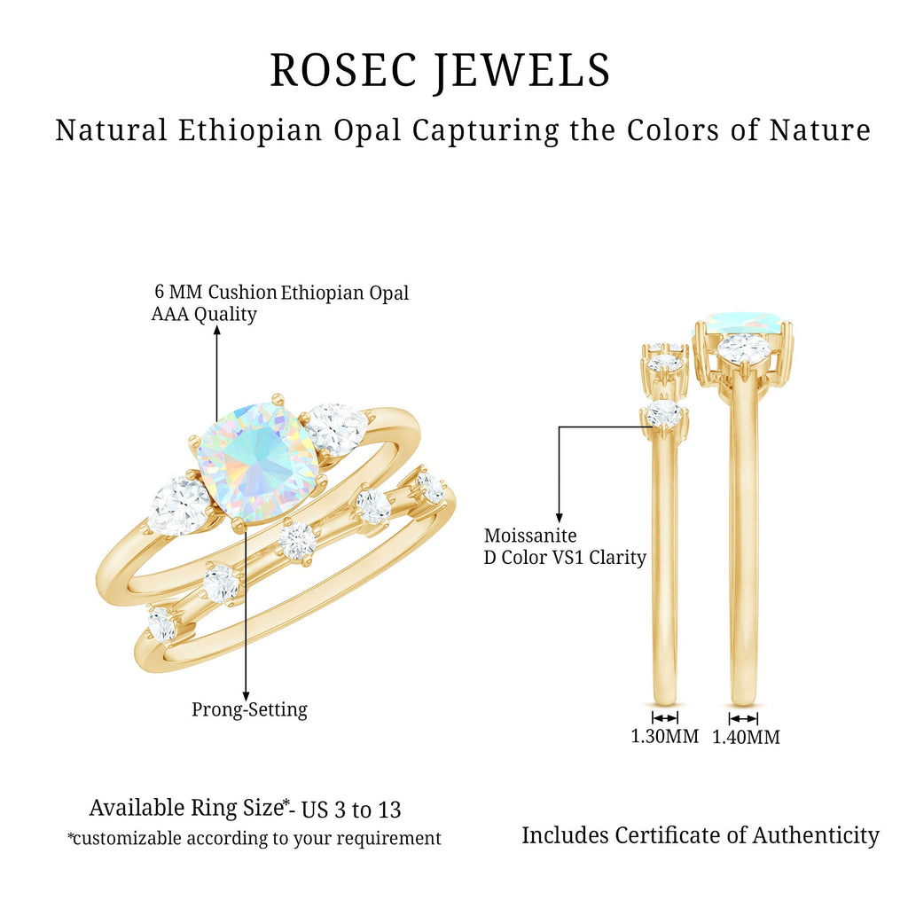 Cushion Cut Ethiopian Opal Wedding Ring Set with Moissanite
