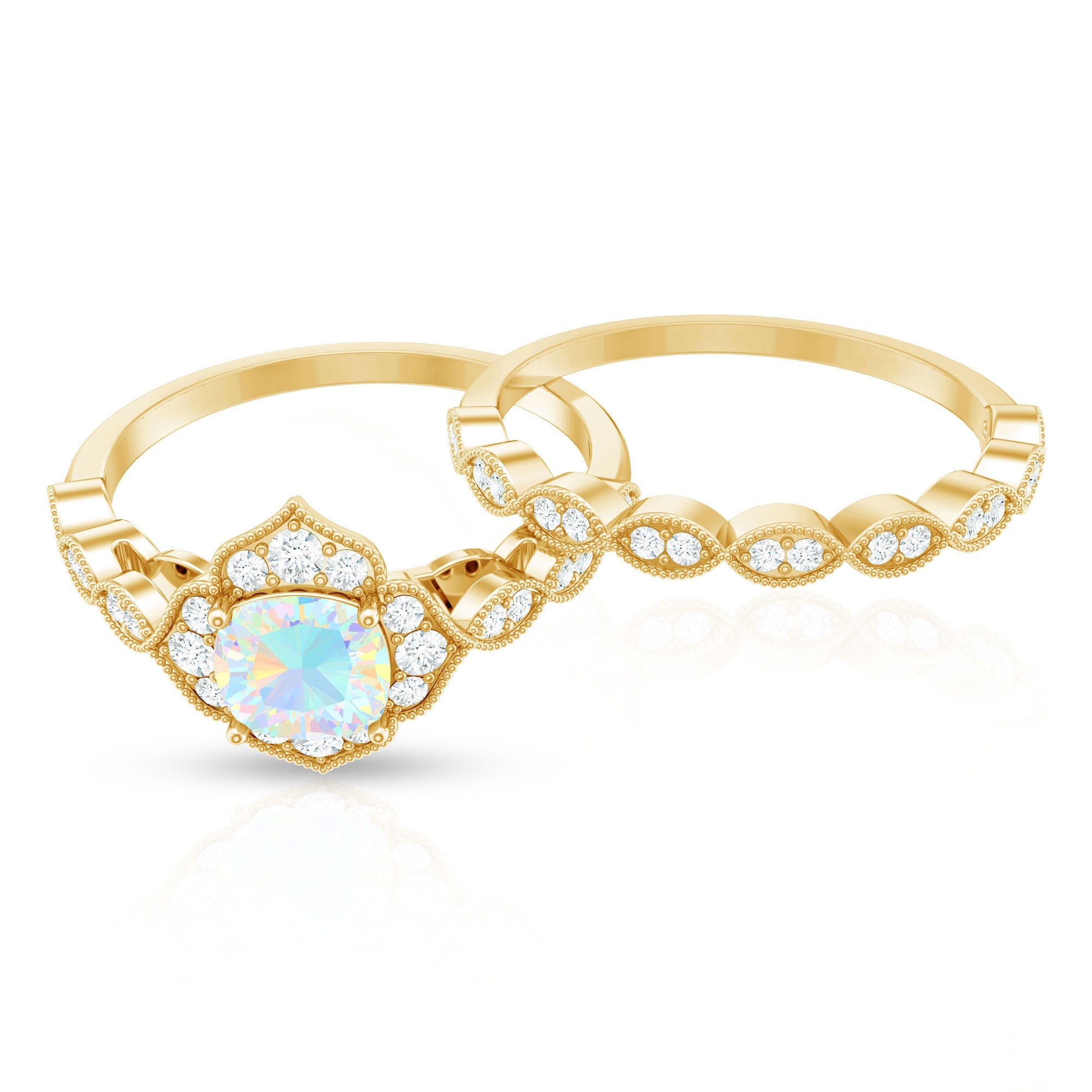 Vintage Inspired Ethiopian Opal Flower Engagement Ring with Wedding Band
