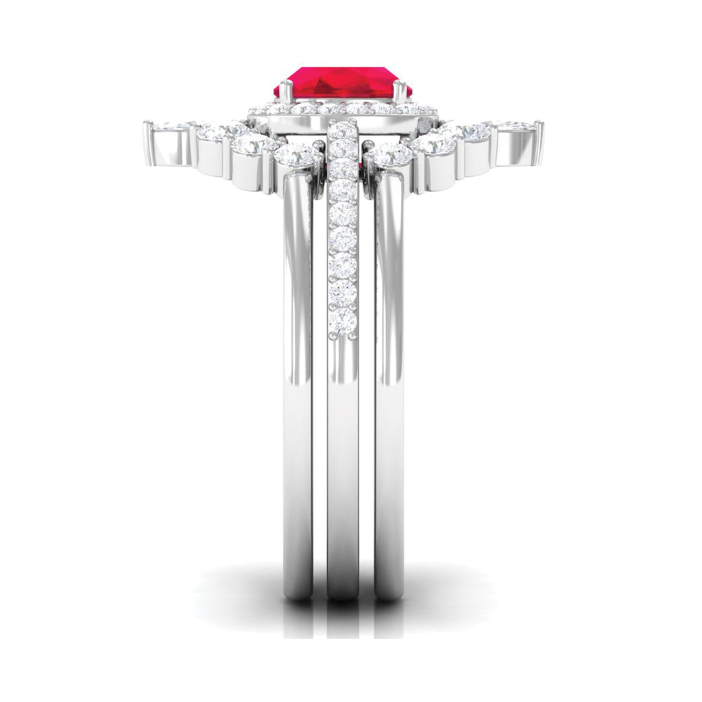 Cushion Cut Created Ruby Trio Wedding Ring Set with Moissanite