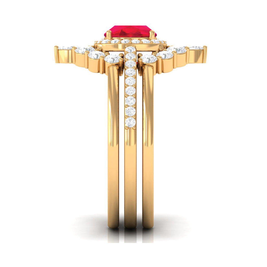 Cushion Cut Created Ruby Trio Wedding Ring Set with Moissanite