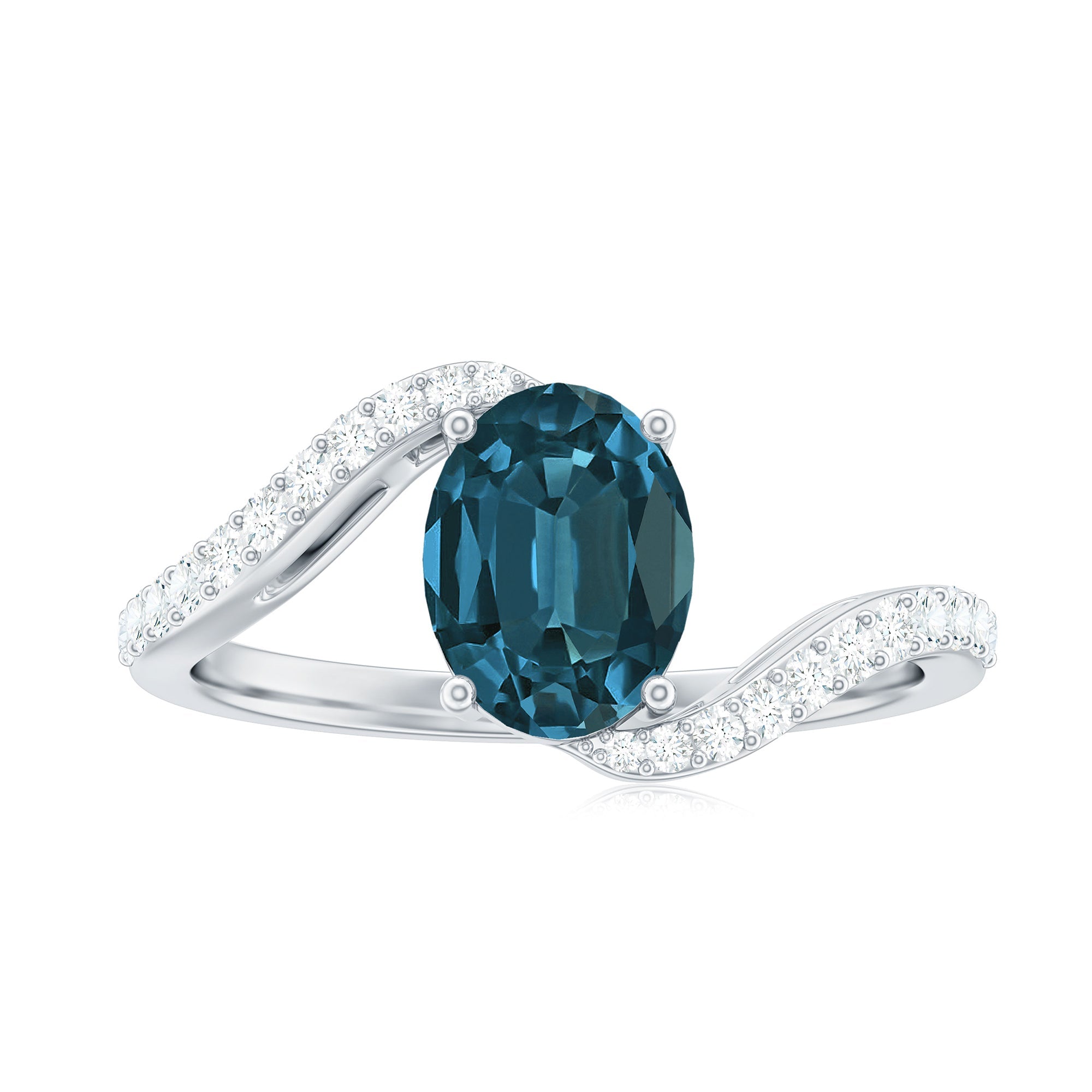 6X8mm Oval Cut London Blue Topaz and Diamond Bypass Engagement Ring