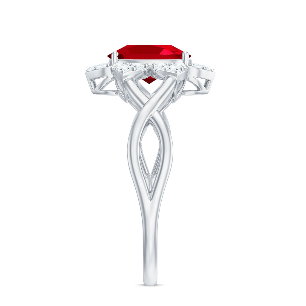 Oval Lab Grown Ruby Floral Ring with Diamond Halo