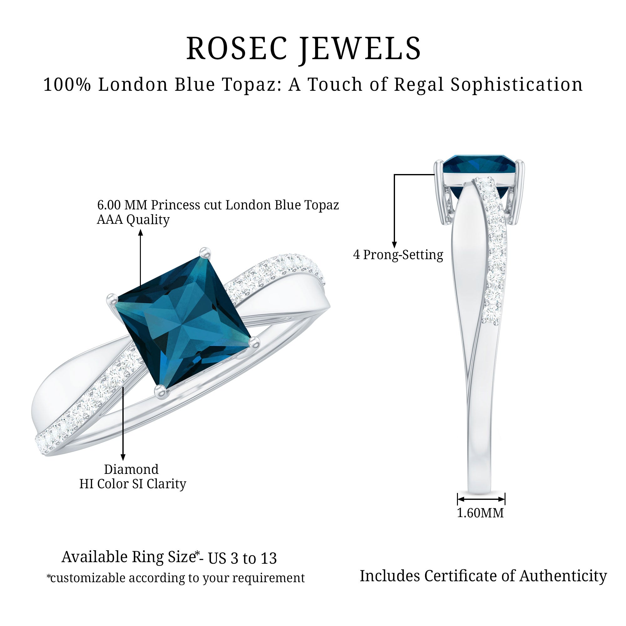 6mm Princess Cut London Blue Topaz Solitaire Engagement Ring with Certificate