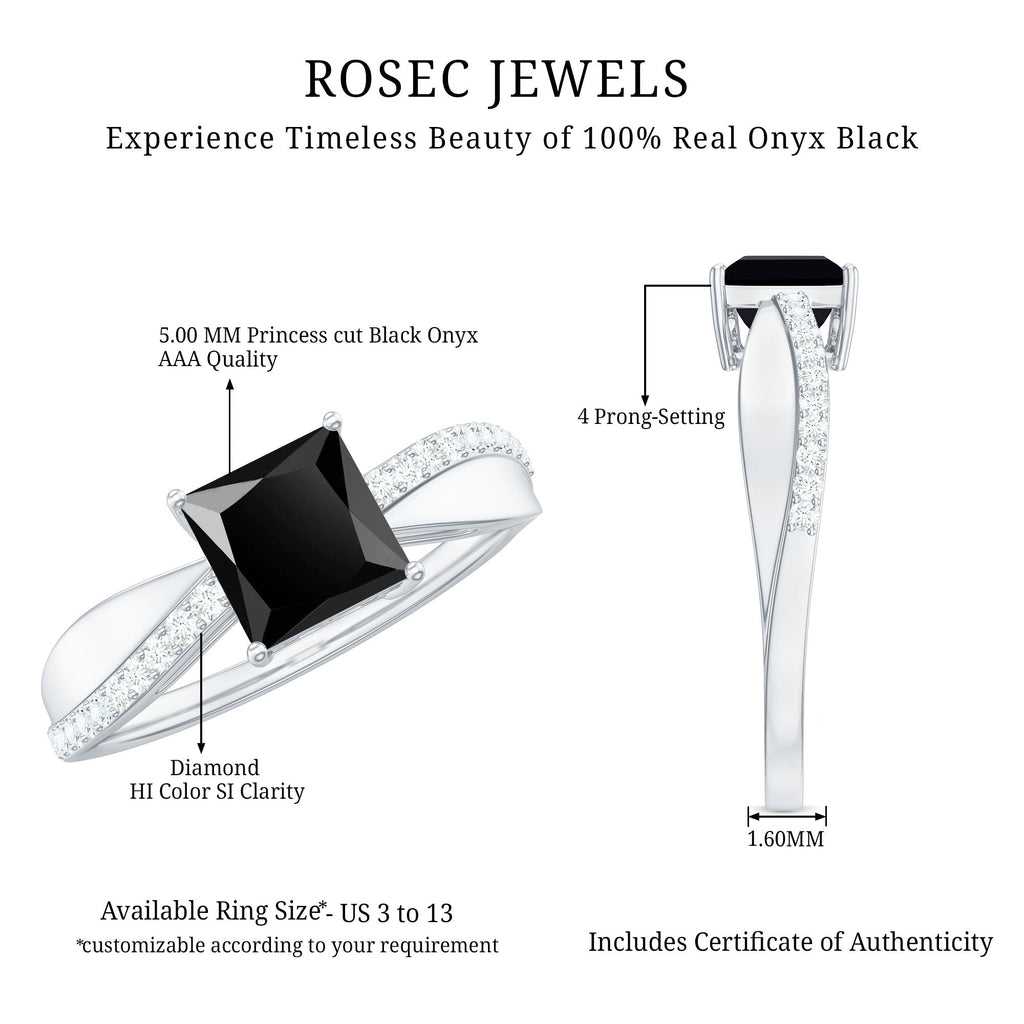 5mm Princess Cut Black Onyx Solitaire Engagement Ring with Diamond