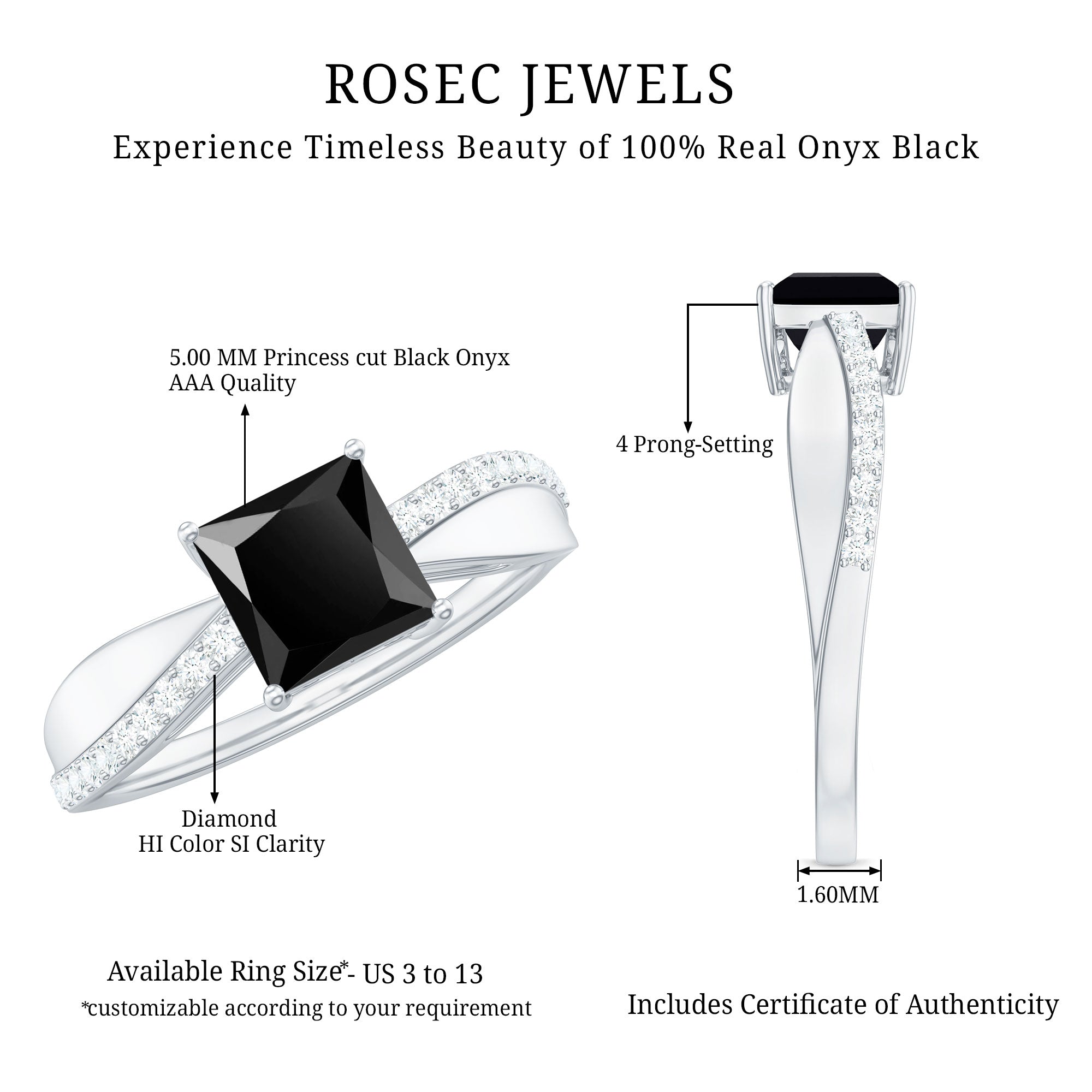 5mm Princess Cut Black Onyx Solitaire Engagement Ring with Diamond