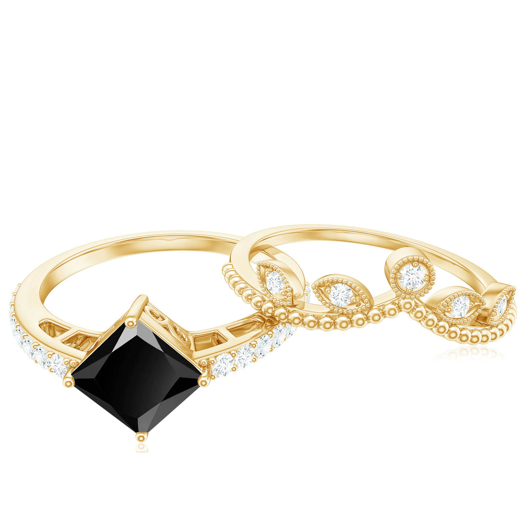 5mm Princess Cut Black Onyx Engagement Ring with Diamond Wedding Band