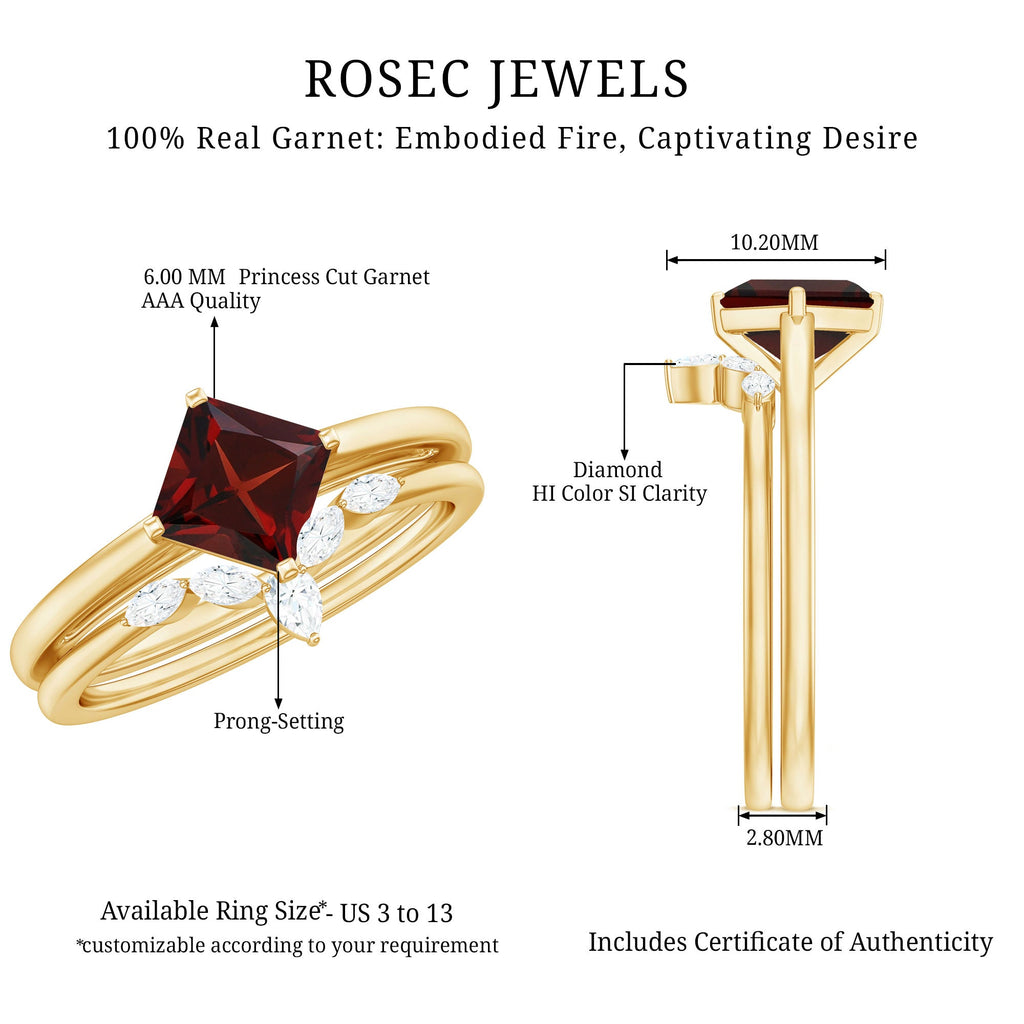 6MM Princess Cut Garnet Solitaire Bridal Ring Set with Diamonds