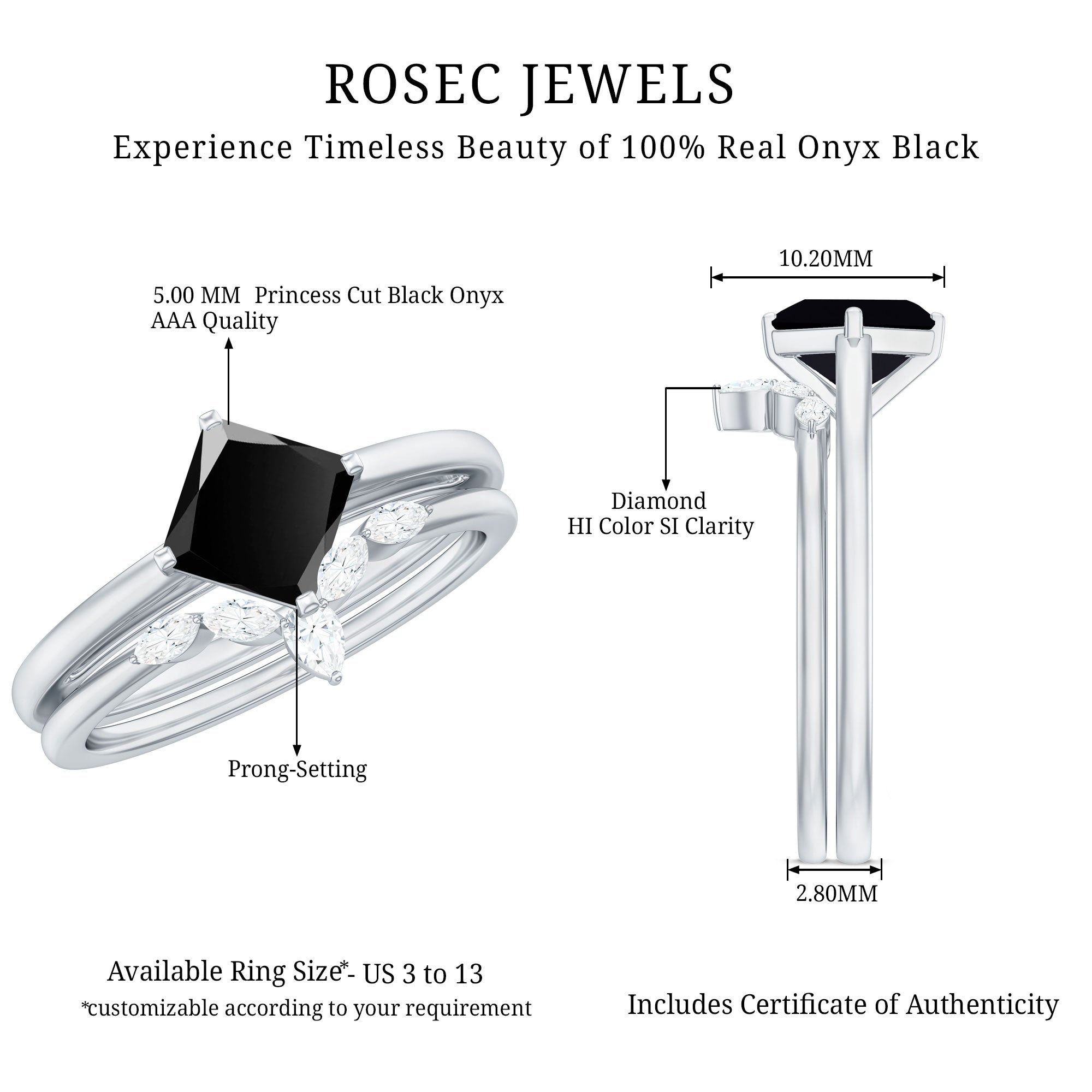 5mm Princess Cut Black Onyx Solitaire Rings Set with Diamond Enhancer