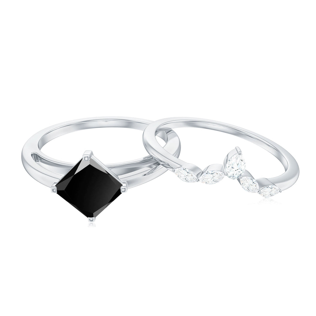 5mm Princess Cut Black Onyx Solitaire Rings Set with Diamond Enhancer