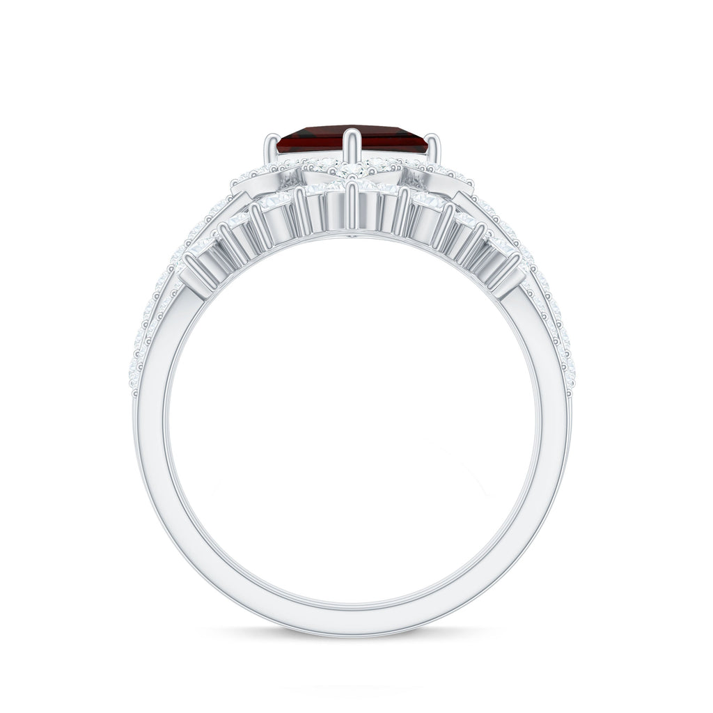 Princess Cut Garnet Designer Wedding Ring Set with Moissanite