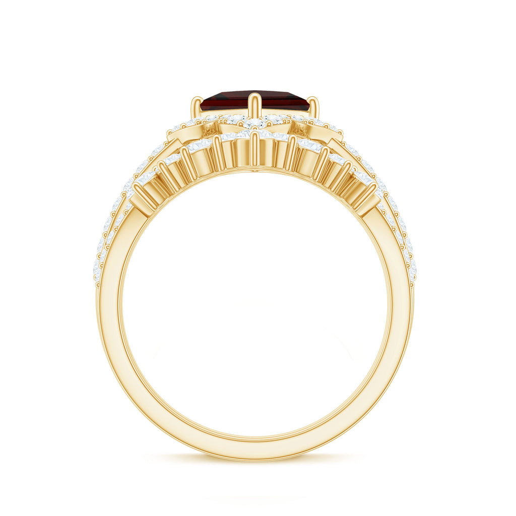 Princess Cut Garnet Designer Wedding Ring Set with Moissanite