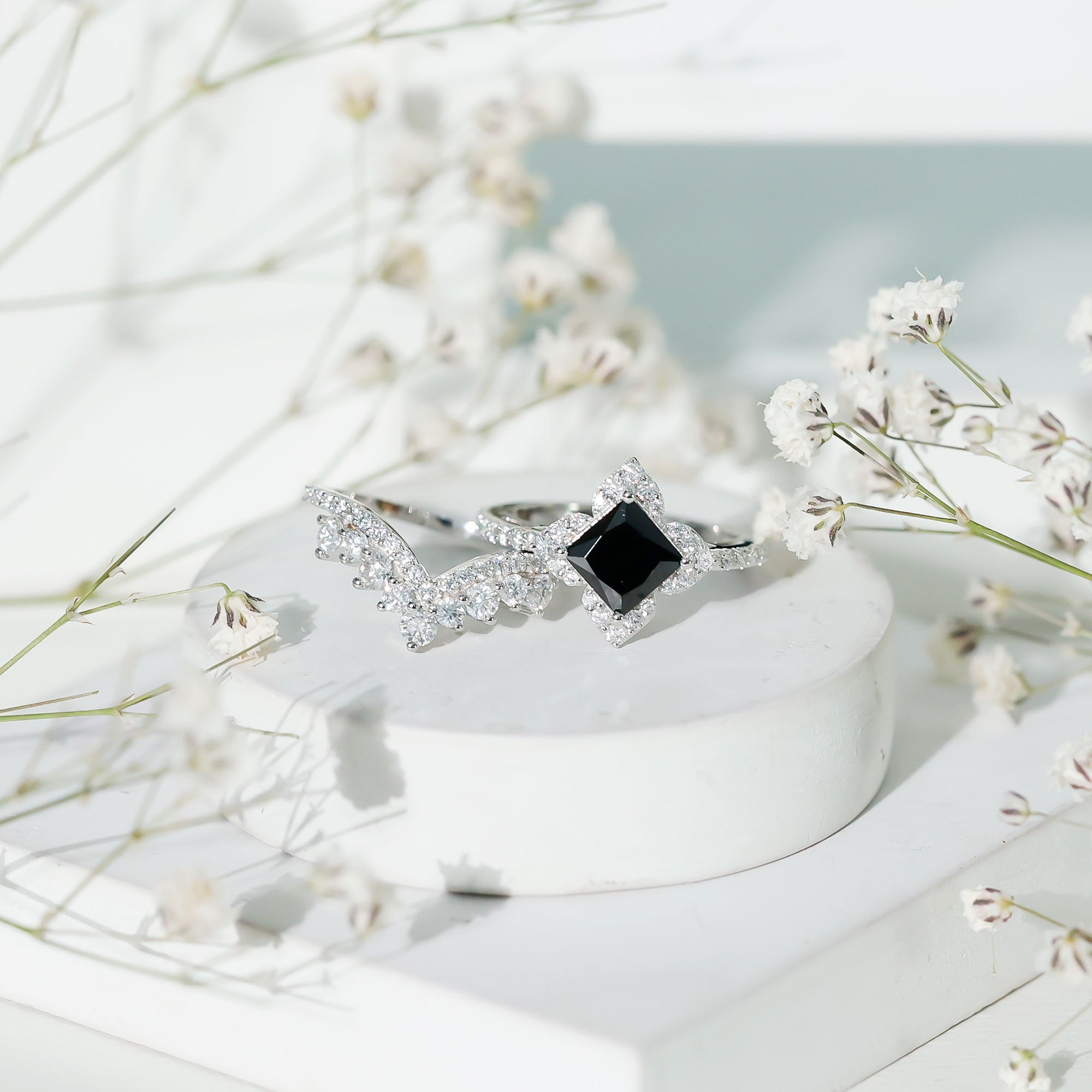 2.25 CT Black Onyx and Moissanite Statement Wedding Ring Set