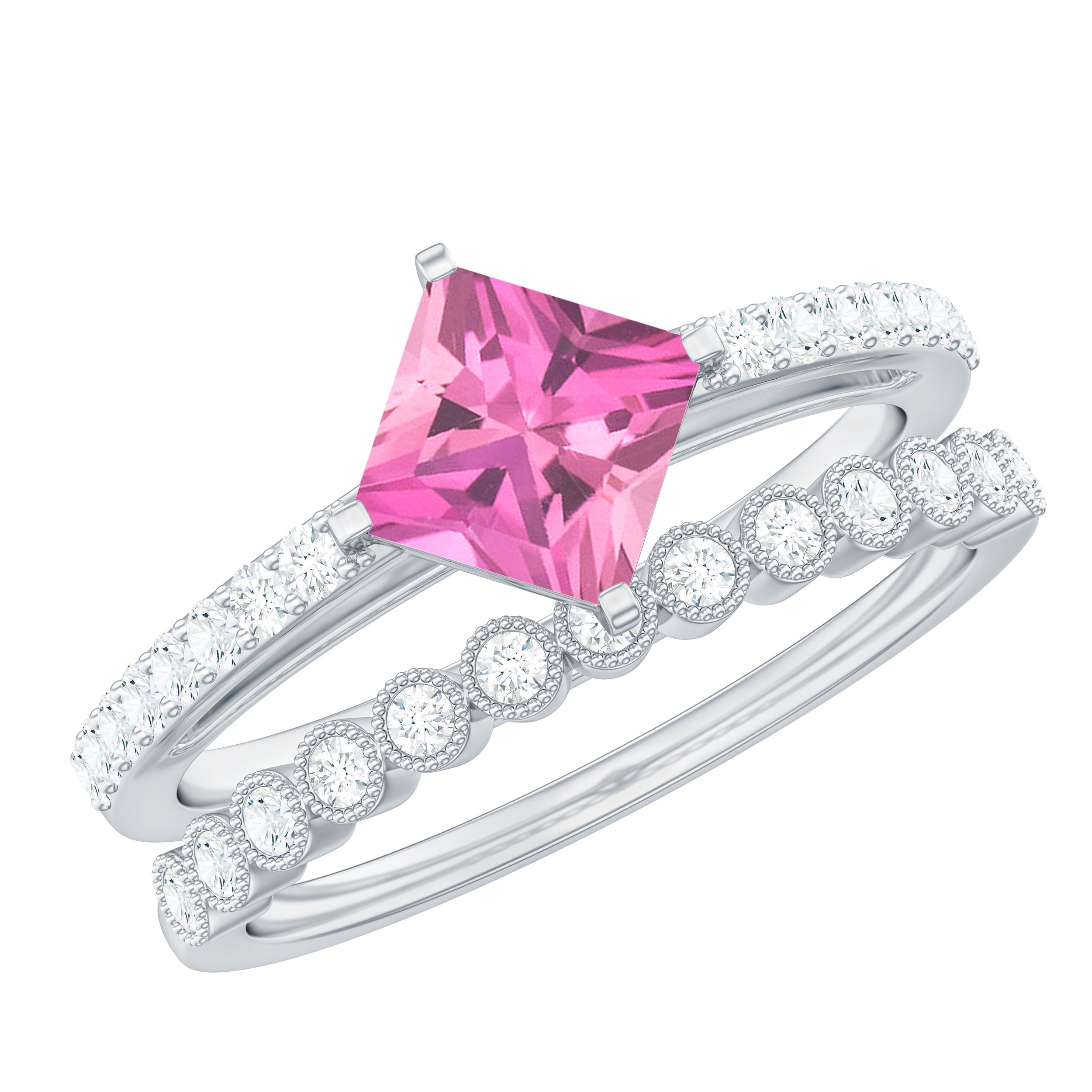 Princess Cut Pink Tourmaline Wedding Ring Set with Moissanite