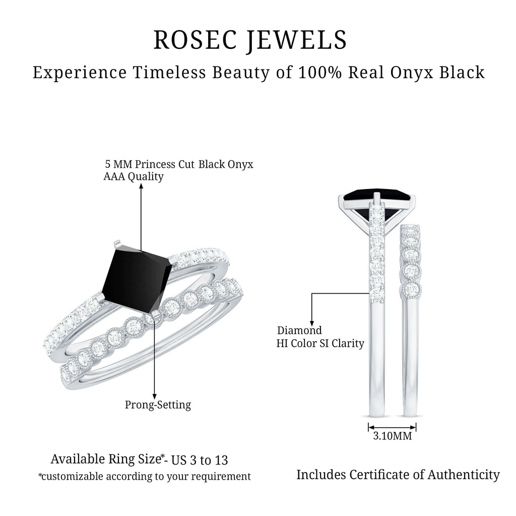 5mm Princess Cut Black Onyx Wedding Rings Set with Diamond Band