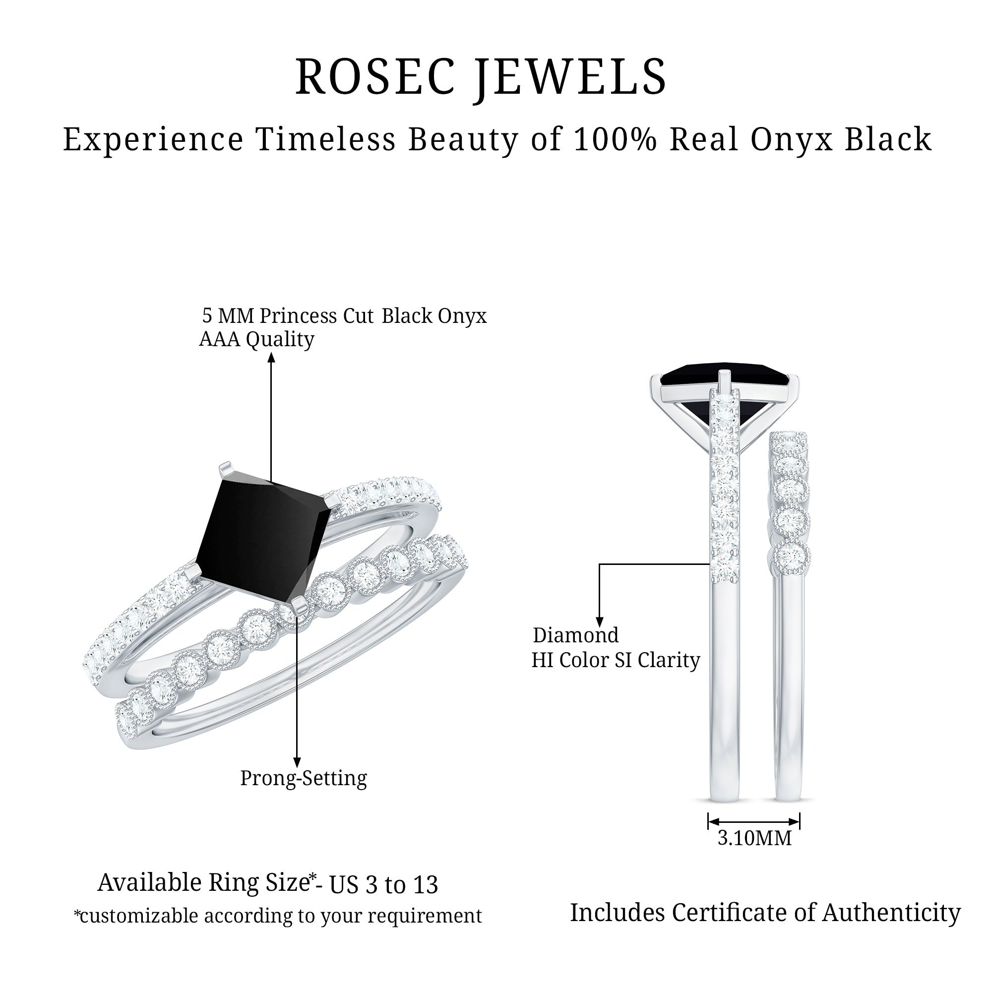 5mm Princess Cut Black Onyx Wedding Rings Set with Diamond Band
