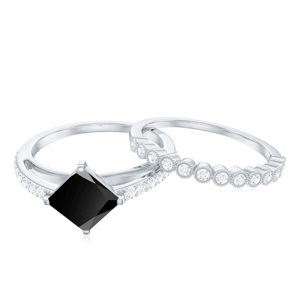 5mm Princess Cut Black Onyx Wedding Rings Set with Diamond Band
