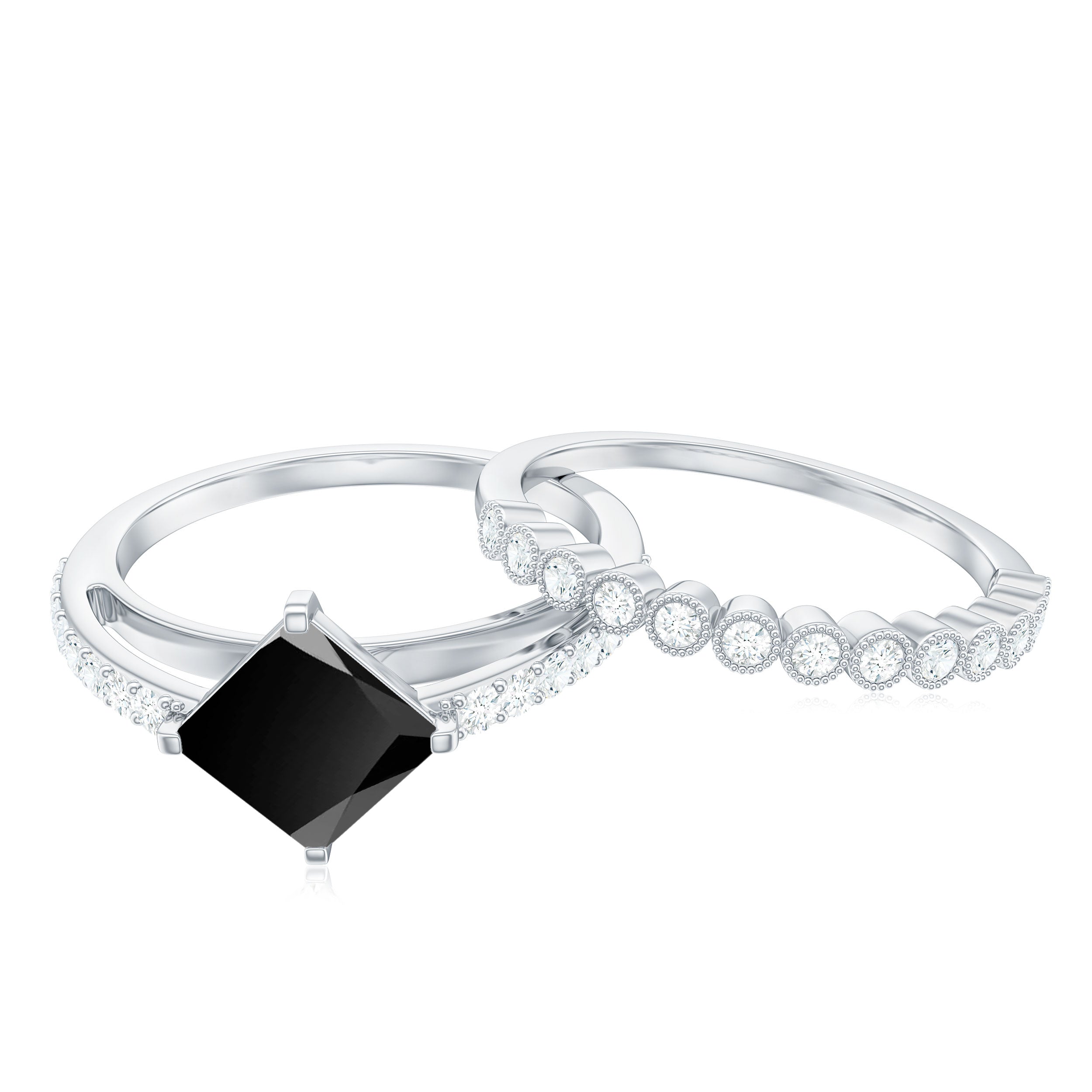 5mm Princess Cut Black Onyx Wedding Rings Set with Diamond Band