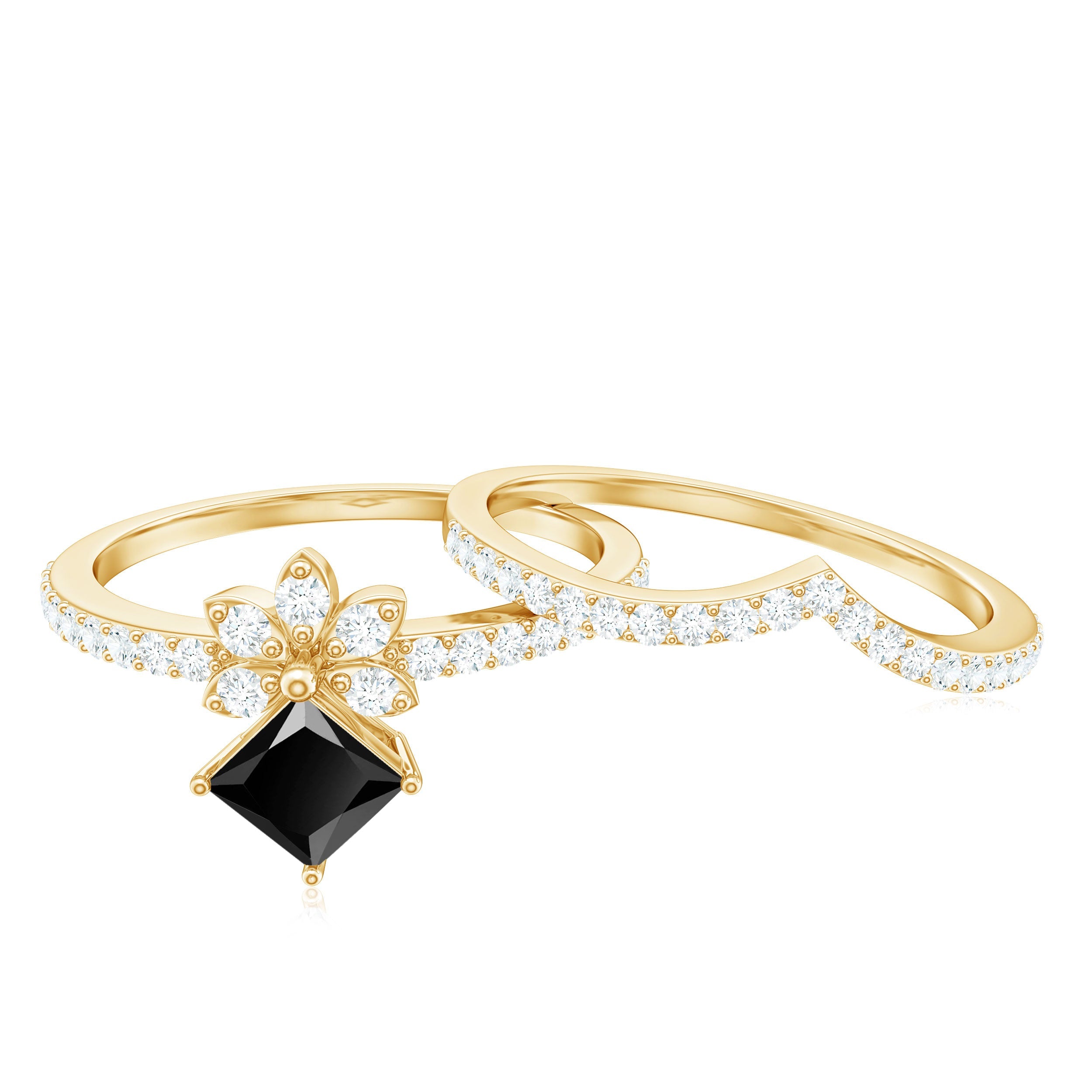 5mm Princess Cut Black Onyx Floral Rings Set with Diamond Band