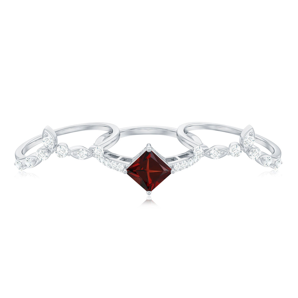 Vintage Looking Princess Cut Garnet 3 Piece Wedding Ring Set