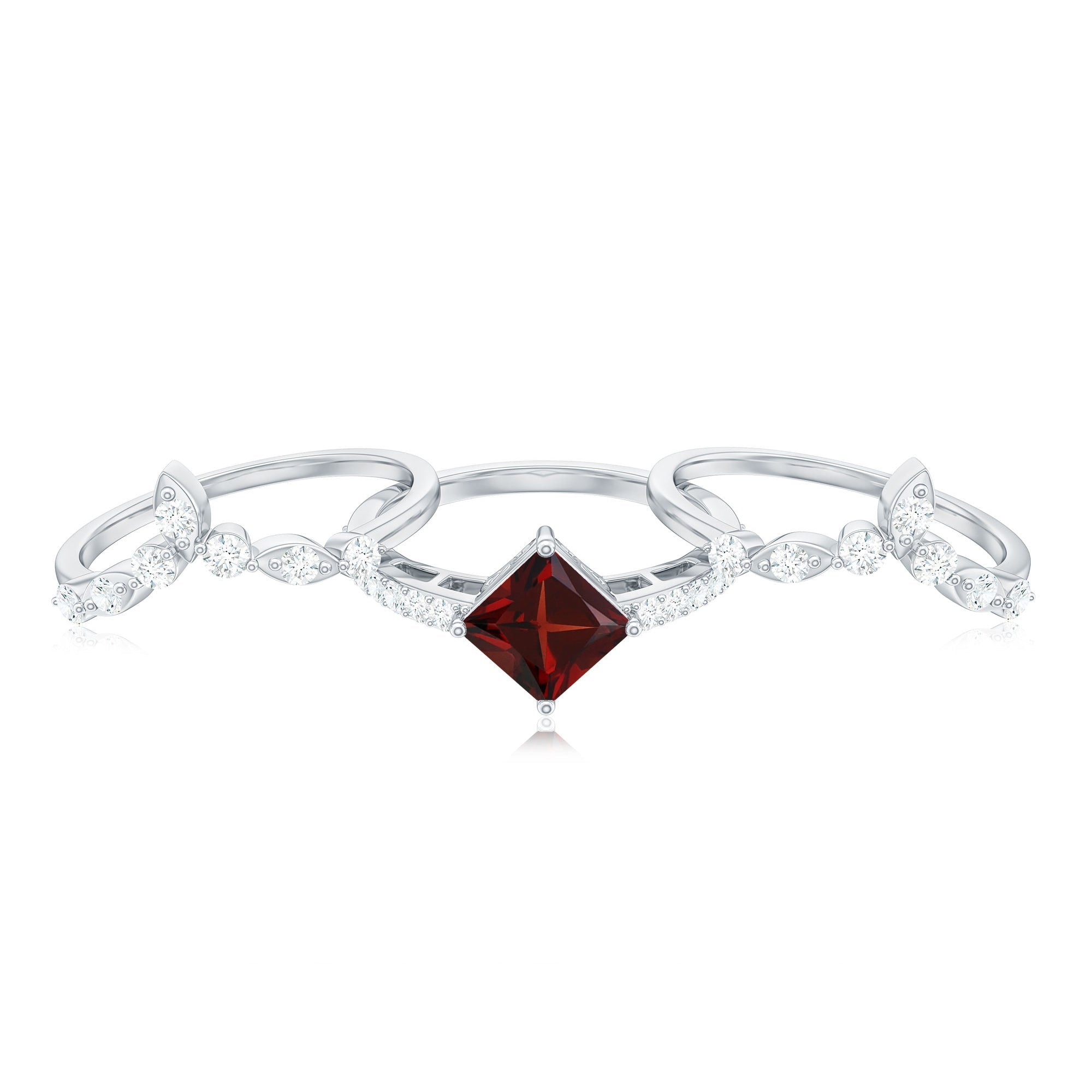 Vintage Looking Princess Cut Garnet 3 Piece Wedding Ring Set