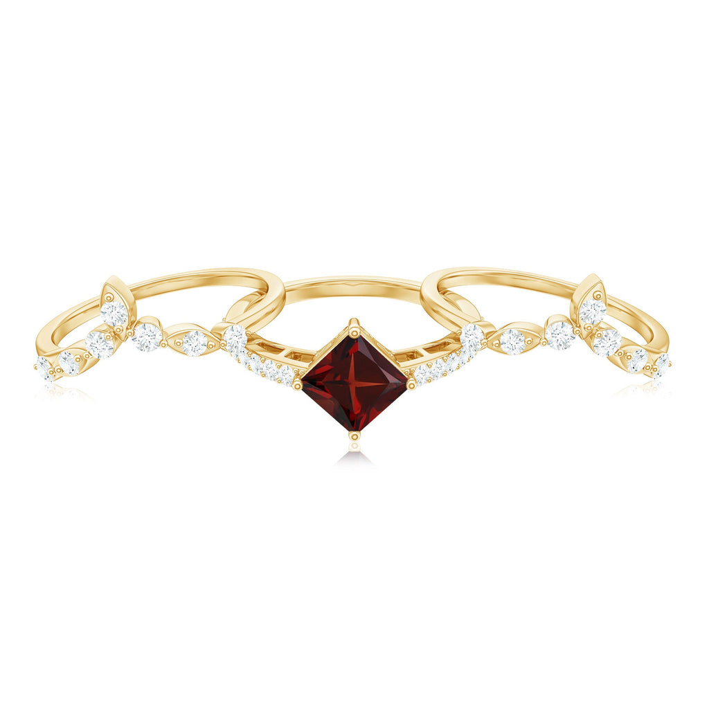 Vintage Looking Princess Cut Garnet 3 Piece Wedding Ring Set