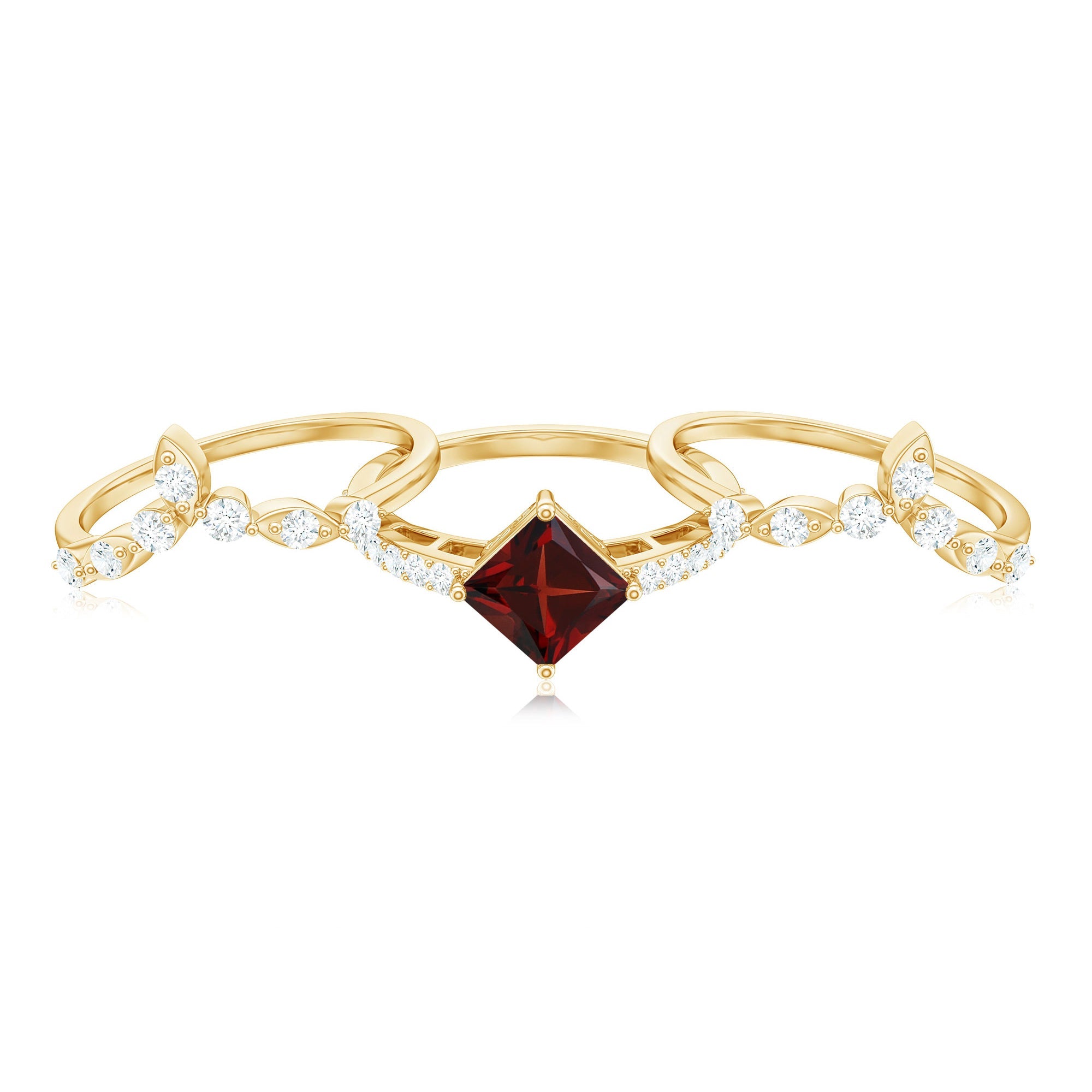 Vintage Looking Princess Cut Garnet 3 Piece Wedding Ring Set