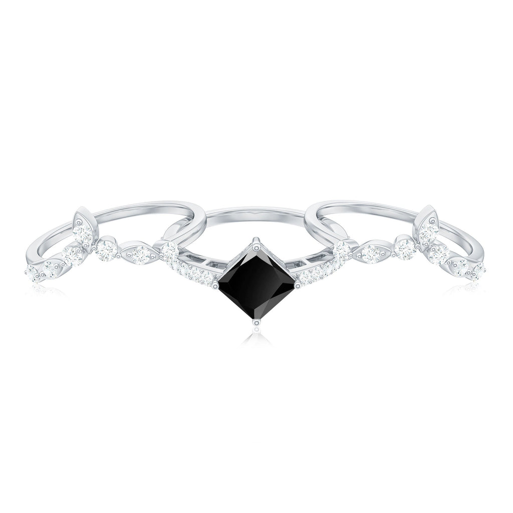 5mm Princess Cut Black Onyx Bridal Rings Set with Moissanite