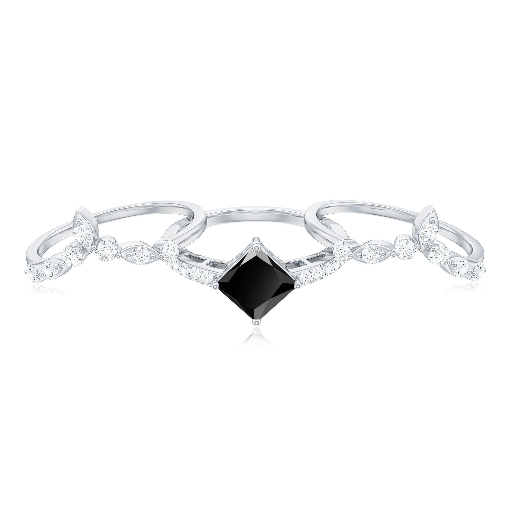5mm Princess Cut Black Onyx Bridal Rings Set with Moissanite