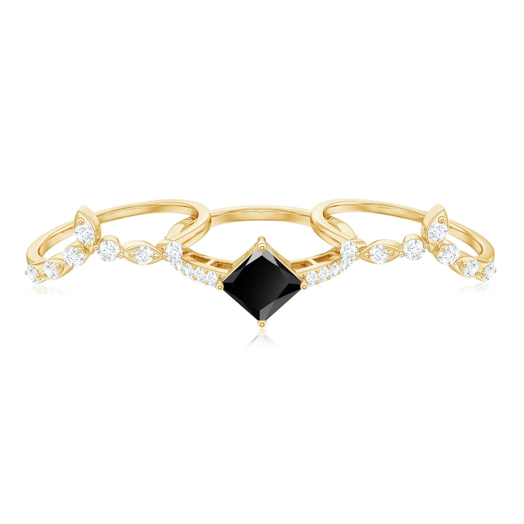 5mm Princess Cut Black Onyx Bridal Rings Set with Moissanite