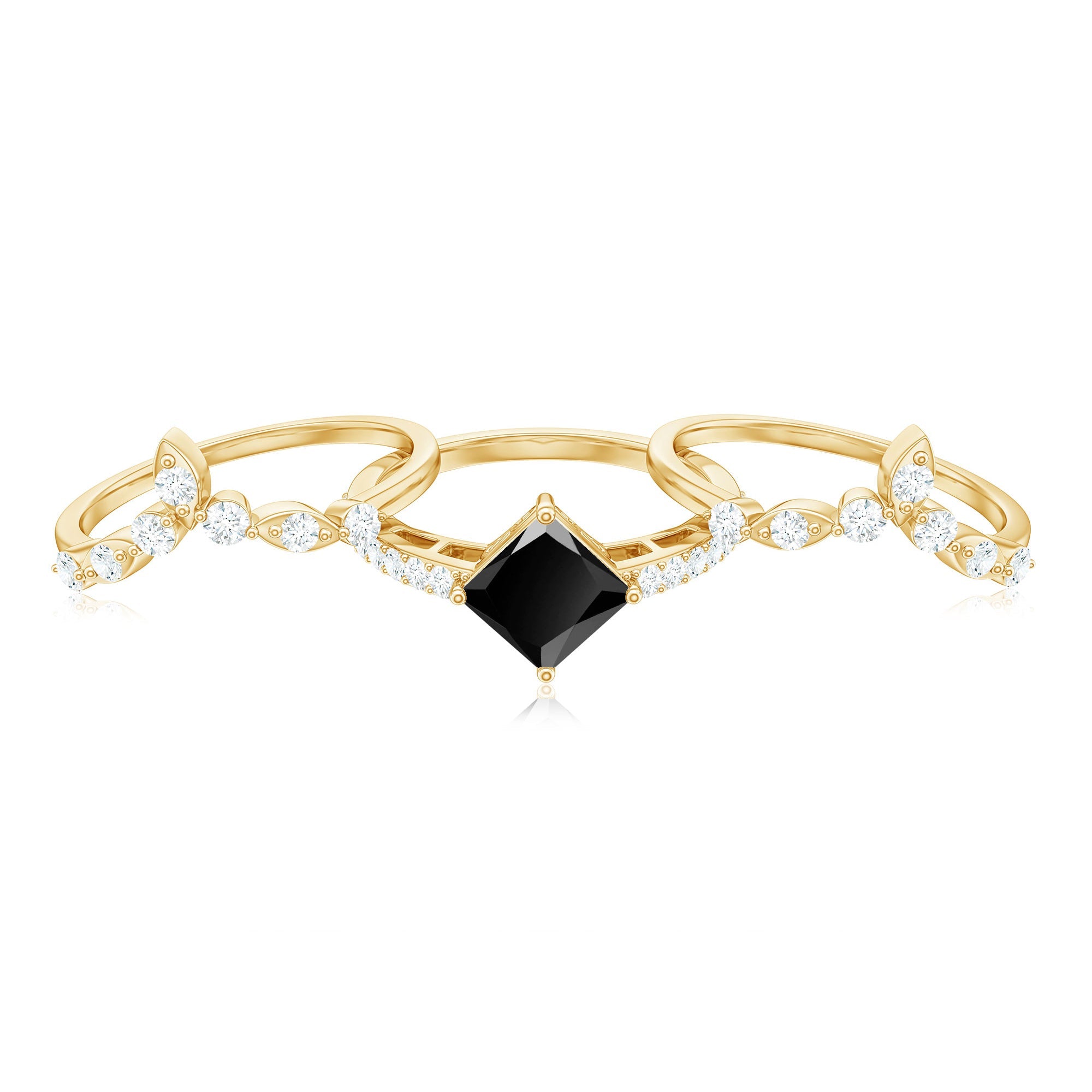 5mm Princess Cut Black Onyx Bridal Rings Set with Moissanite
