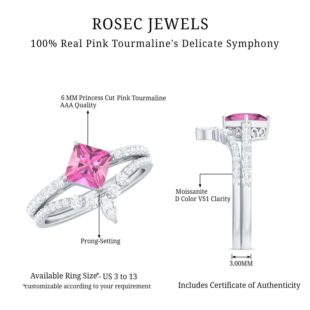 Princess Cut Solitaire Pink tourmaline Designer Ring Set with Moissanite