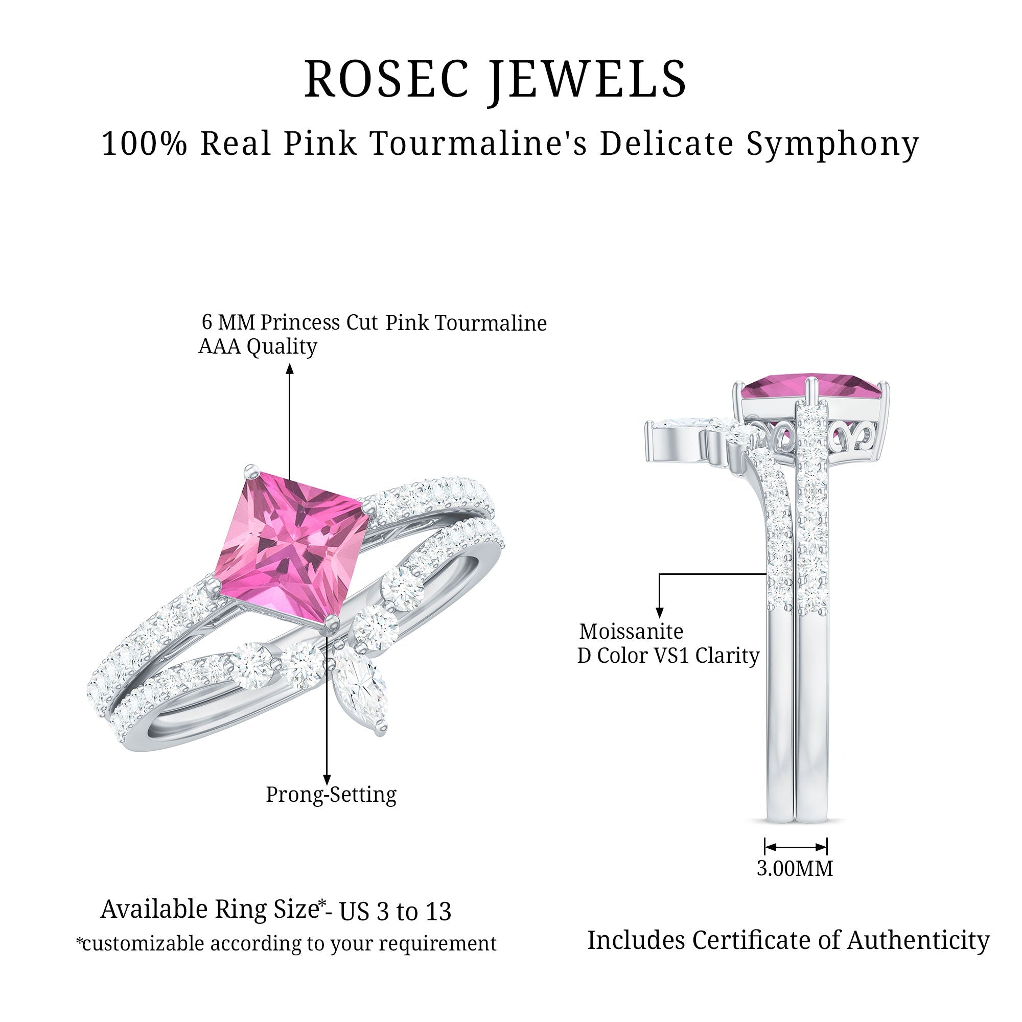 Princess Cut Solitaire Pink tourmaline Designer Ring Set with Moissanite