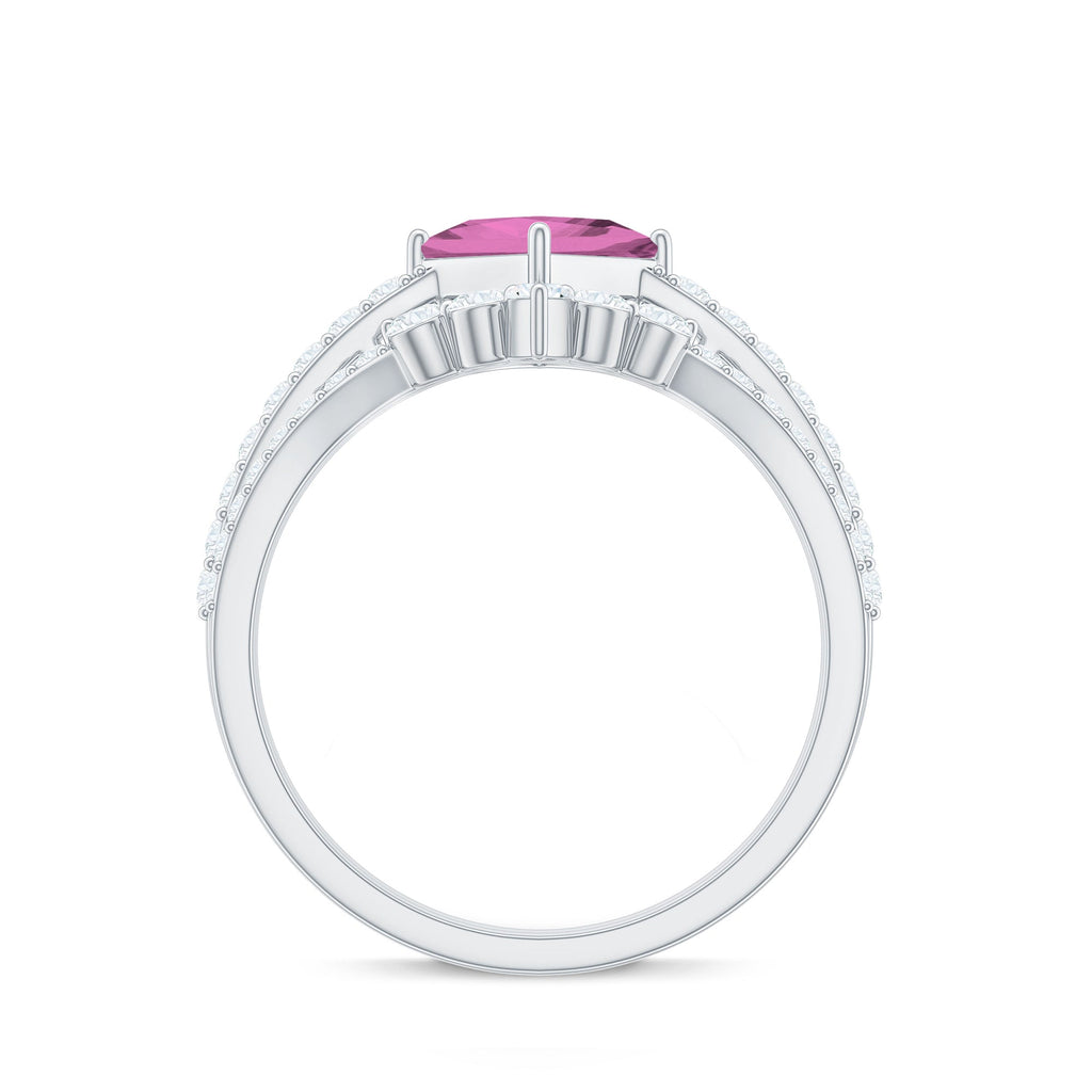 Princess Cut Solitaire Pink tourmaline Designer Ring Set with Moissanite