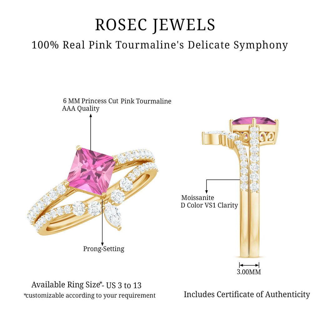Princess Cut Solitaire Pink tourmaline Designer Ring Set with Moissanite