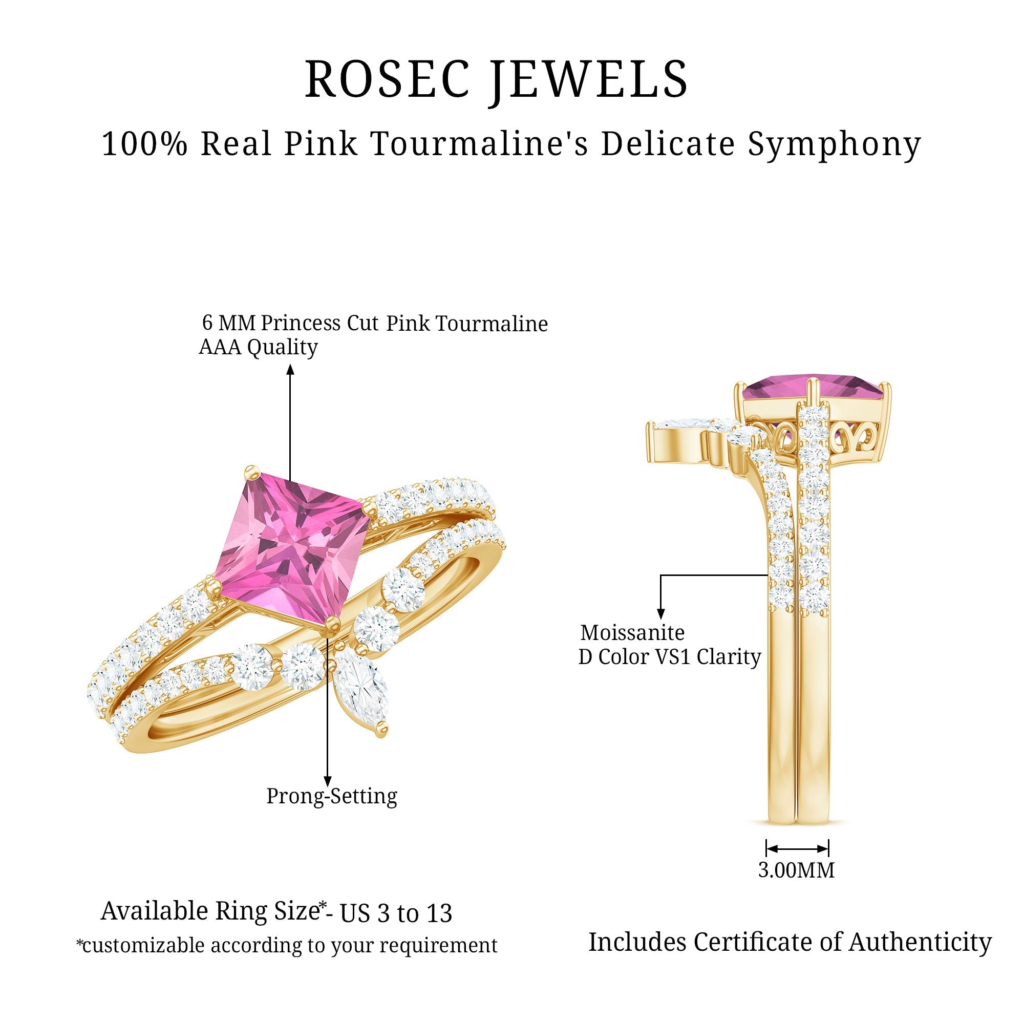 Princess Cut Solitaire Pink tourmaline Designer Ring Set with Moissanite