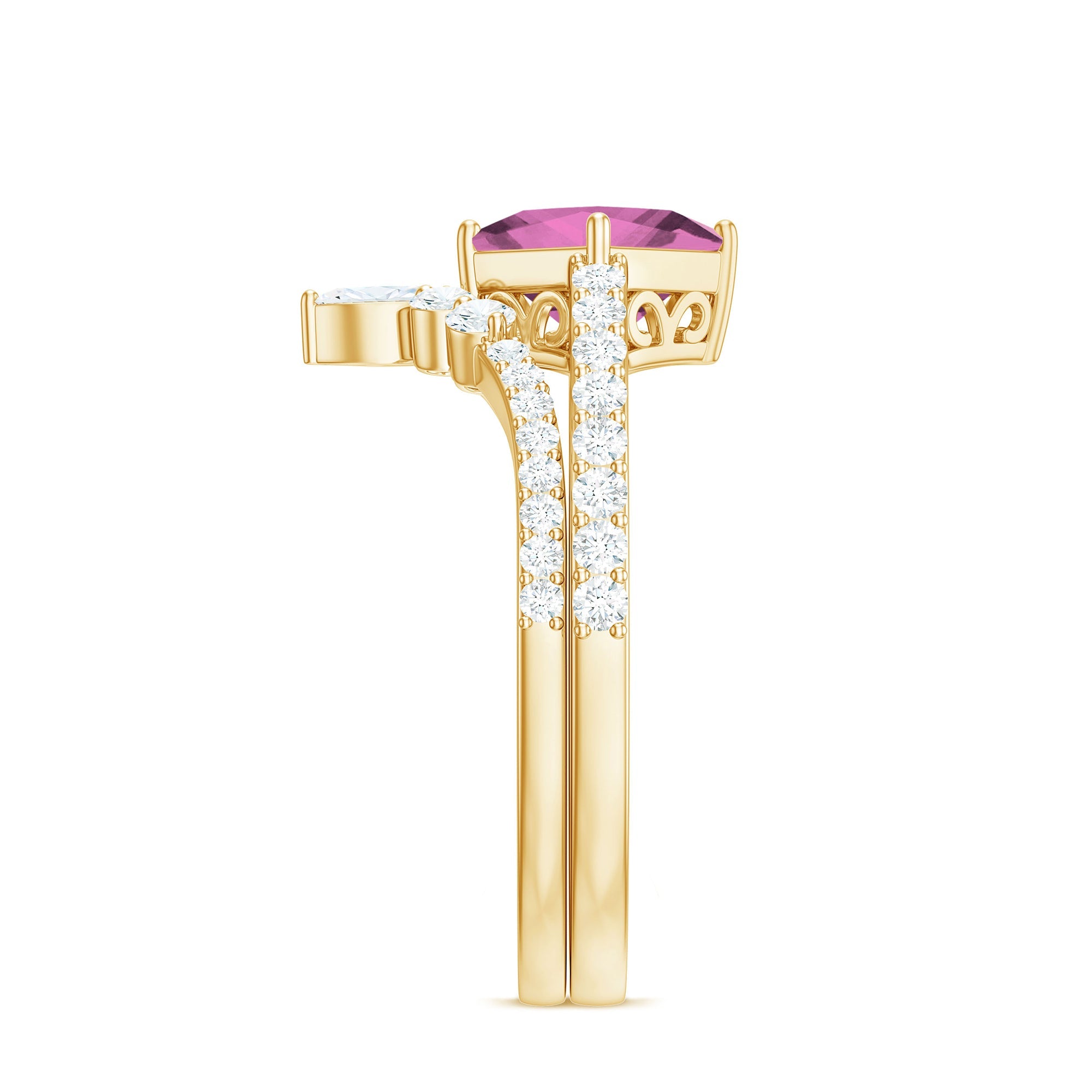 Princess Cut Solitaire Pink tourmaline Designer Ring Set with Moissanite