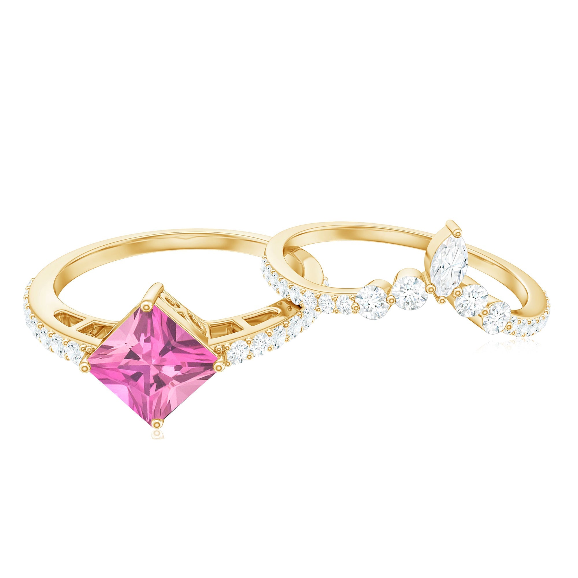 Princess Cut Solitaire Pink tourmaline Designer Ring Set with Moissanite