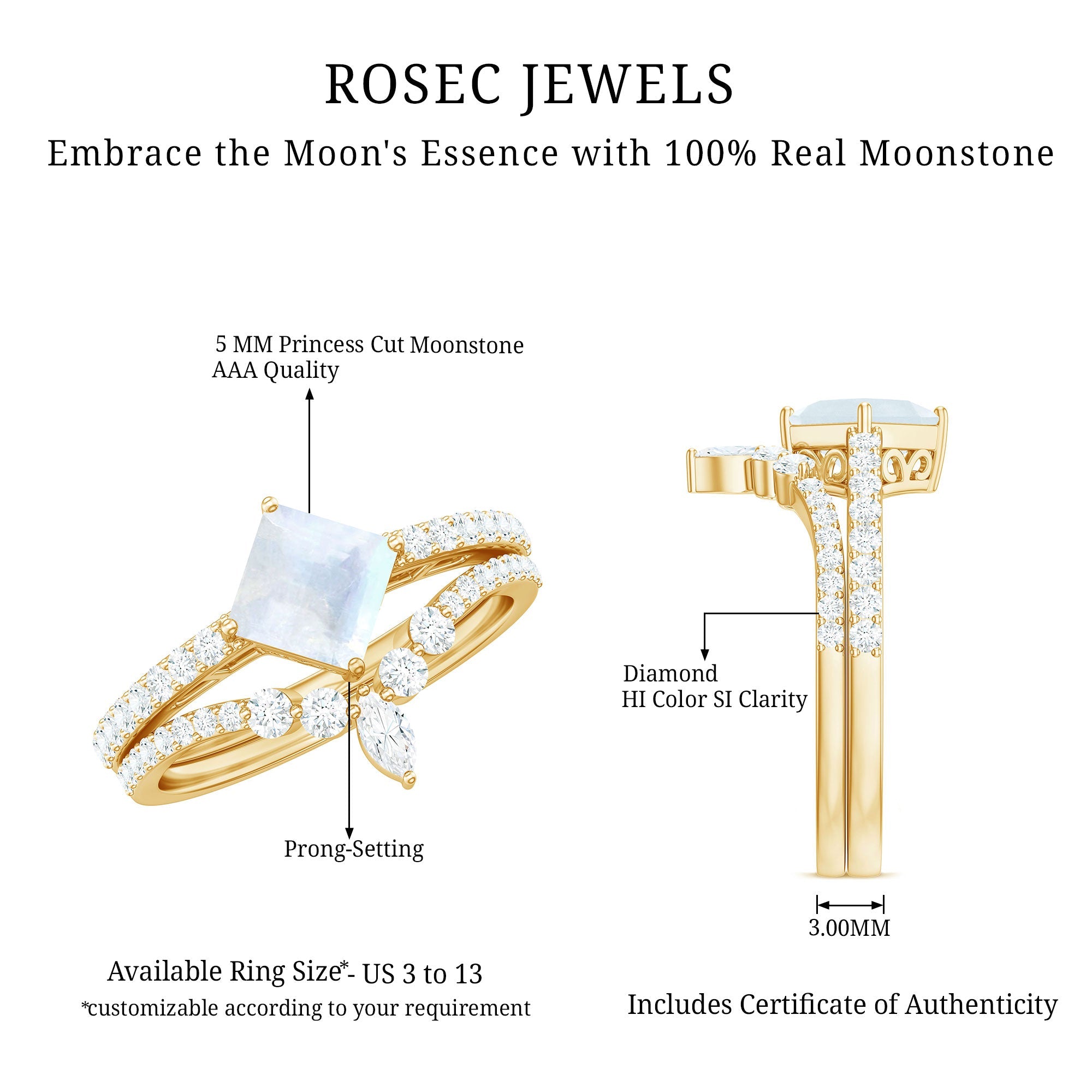 Princess Cut Solitaire Moonstone Designer Ring Set with Diamond
