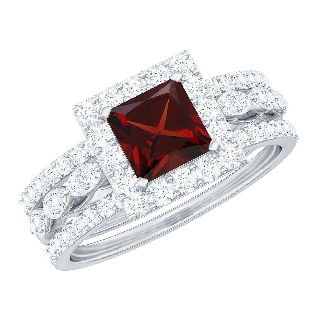 Genuine Princess Cut Garnet 3 Piece Bridal Ring Set with Moissanite