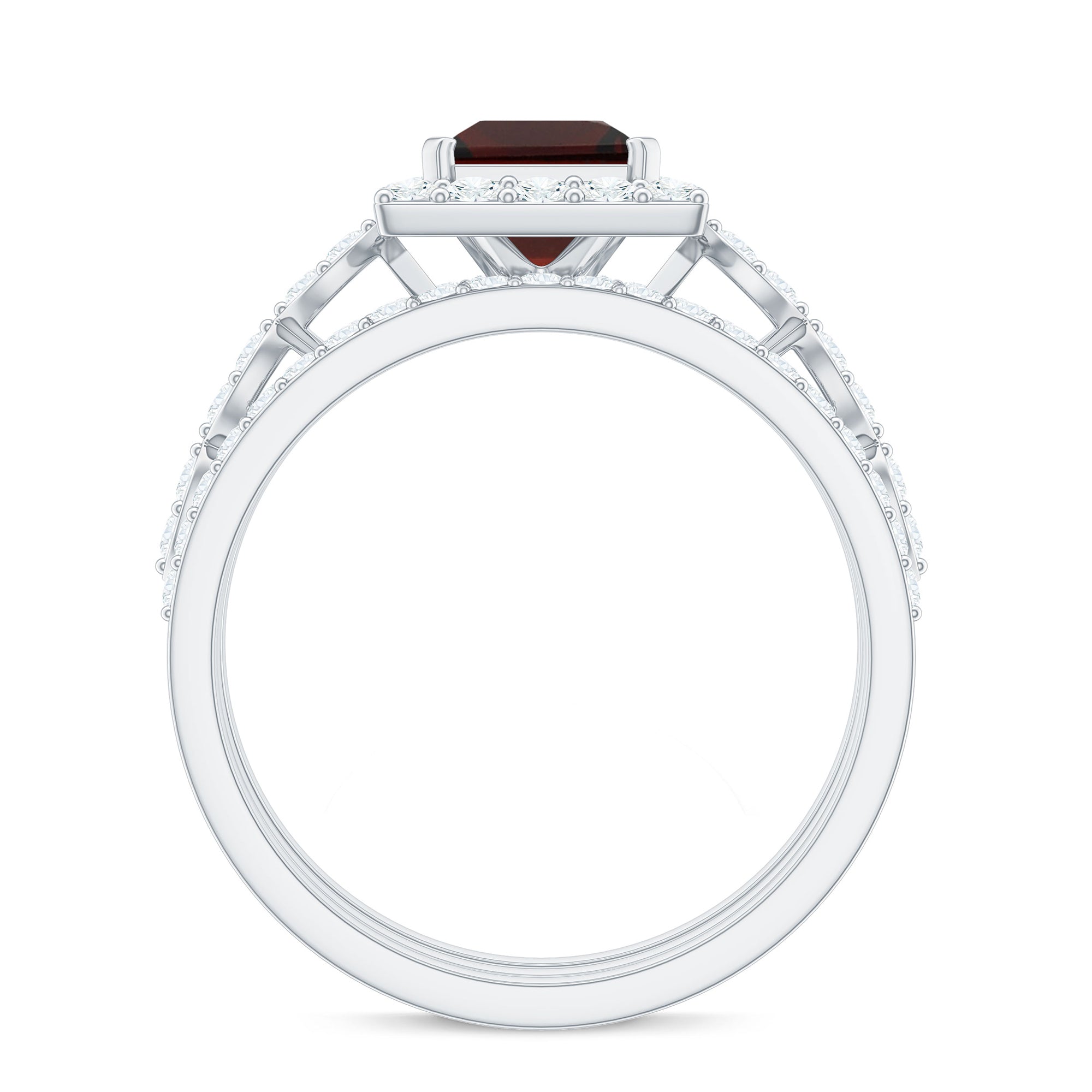 Genuine Princess Cut Garnet 3 Piece Bridal Ring Set with Moissanite