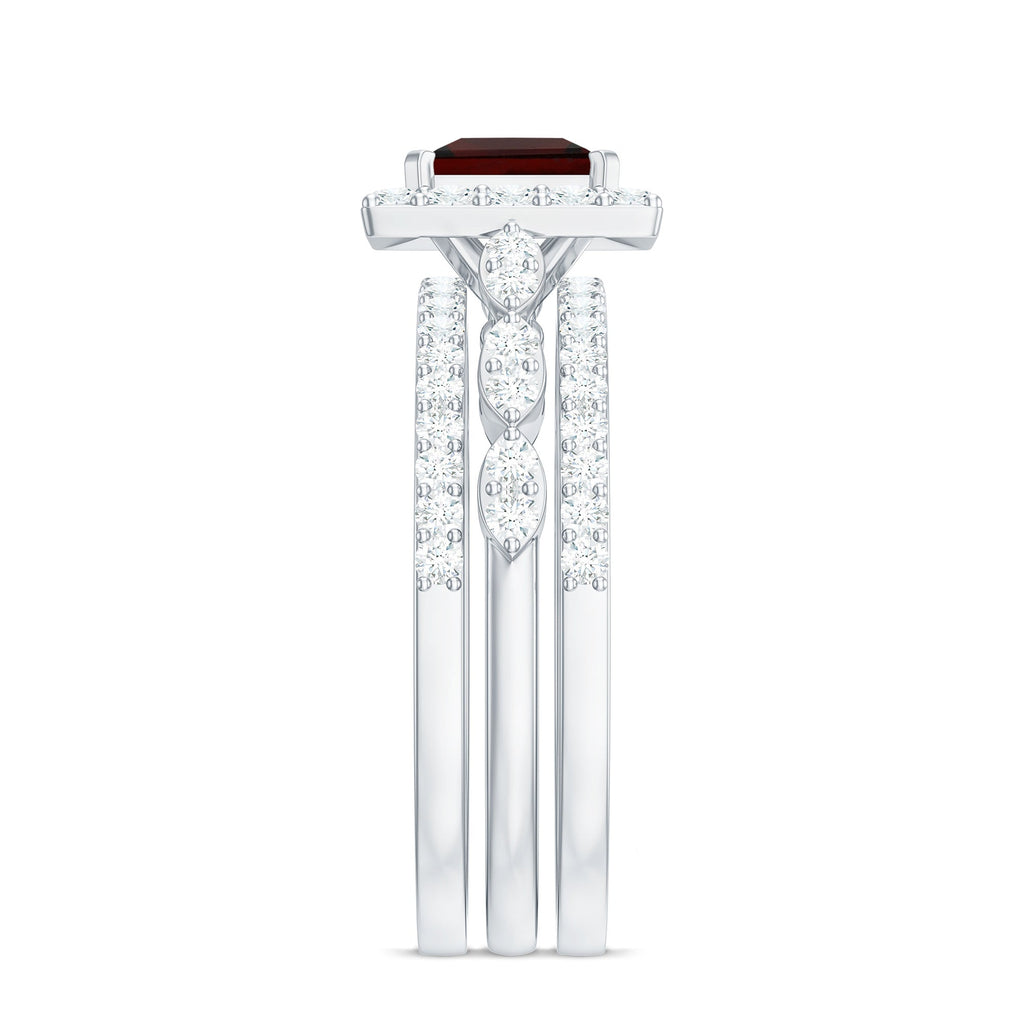 Genuine Princess Cut Garnet 3 Piece Bridal Ring Set with Moissanite