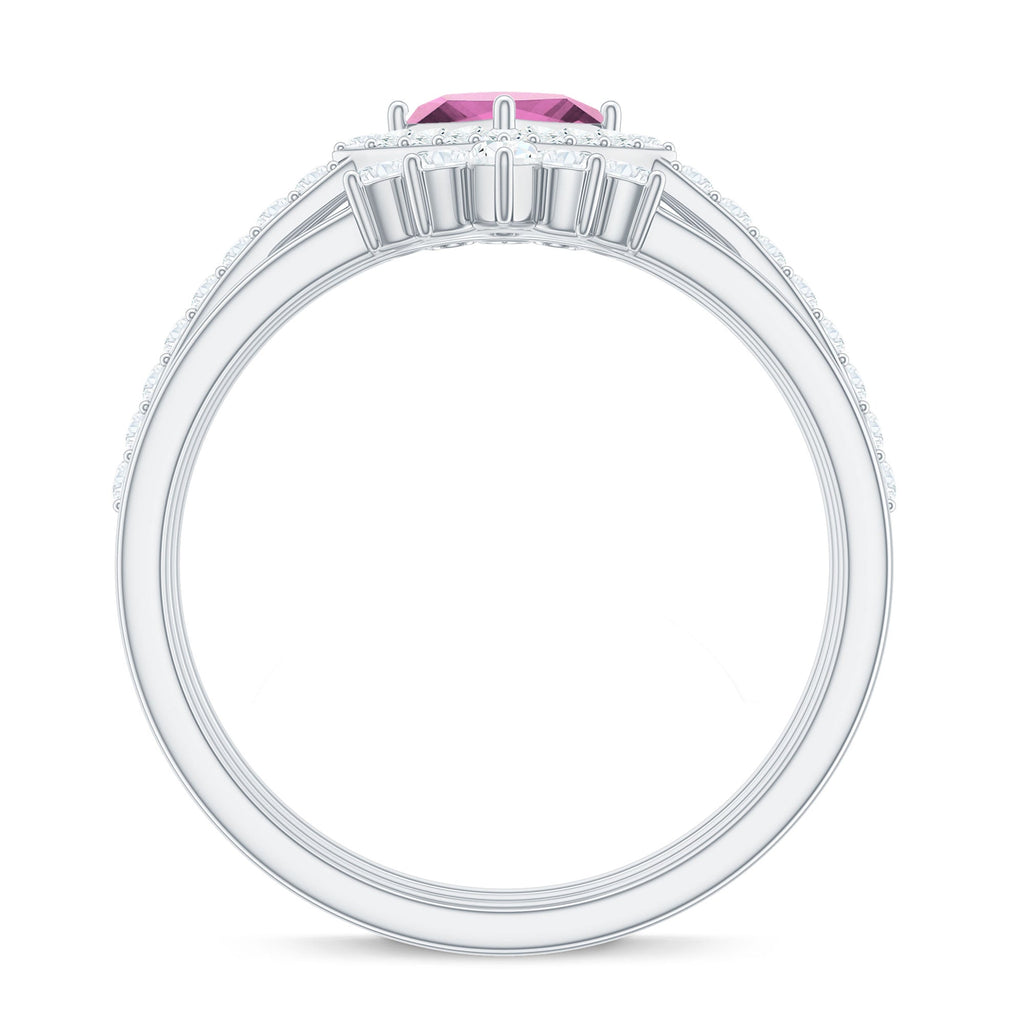 Real Pink tourmaline and Moissanite Trio Wedding Ring Set